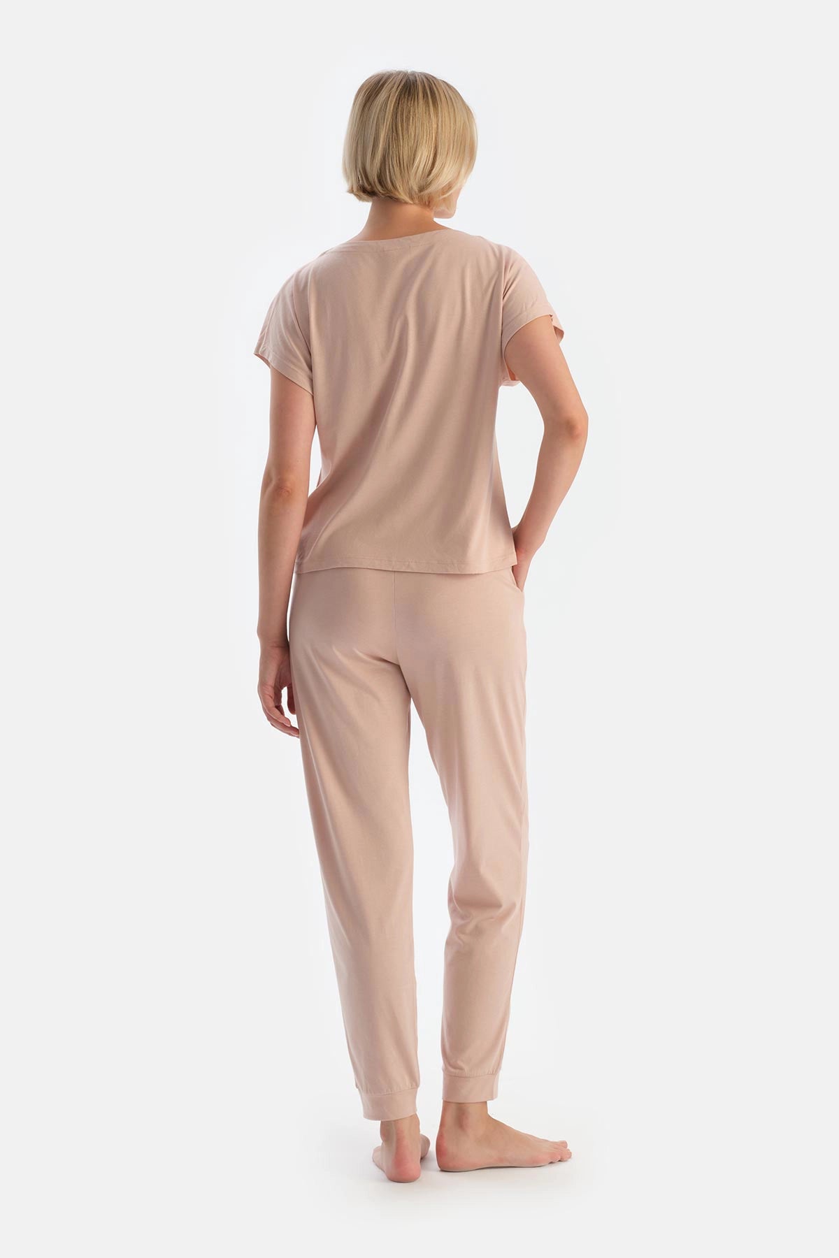 Pudra Düşük Kollu Penye Modal Pijama Takımı