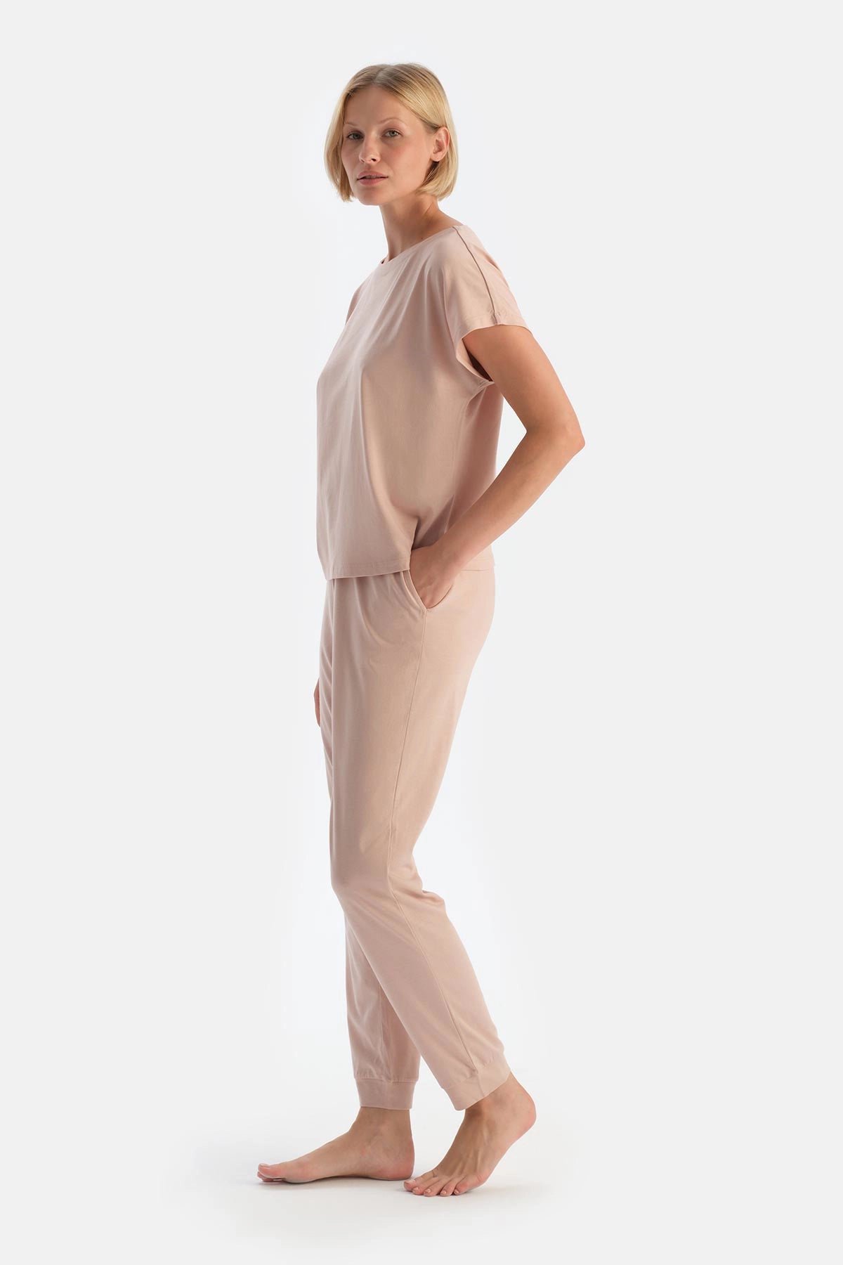 Pudra Düşük Kollu Penye Modal Pijama Takımı