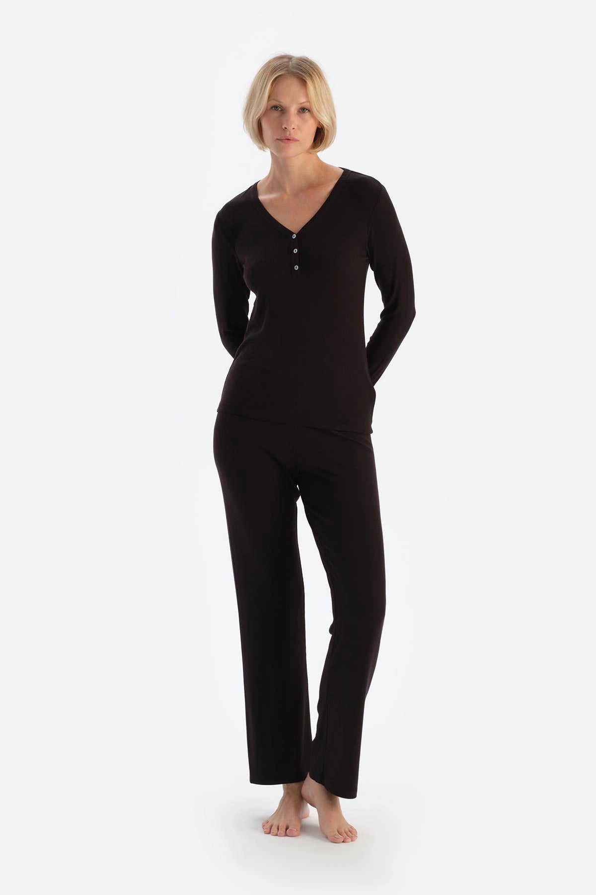 Koyu Kahve Uzun Kollu Kaşkorse Pijama Takımı