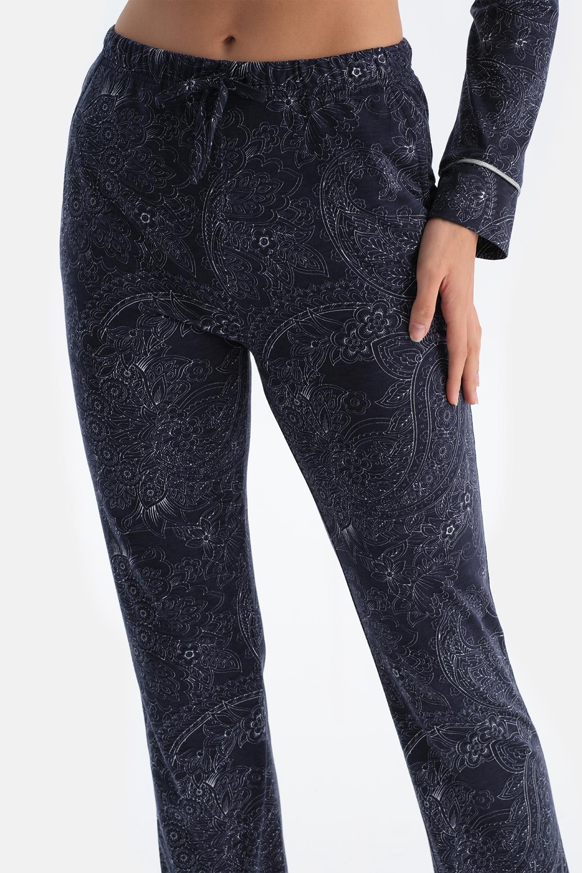 Lacivert Şal Desenli Penye Modal Gömlek Yaka Pijama Takımı