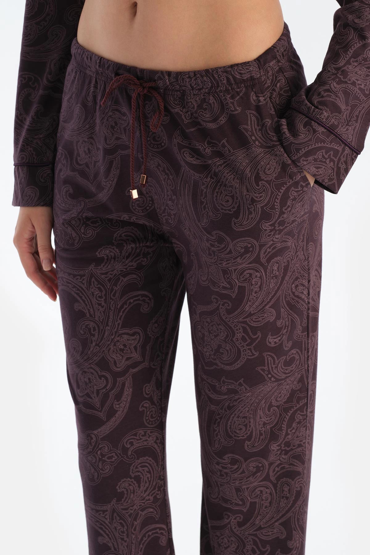 Mürdüm Şal Desenli Penye Modal Pijama Takımı