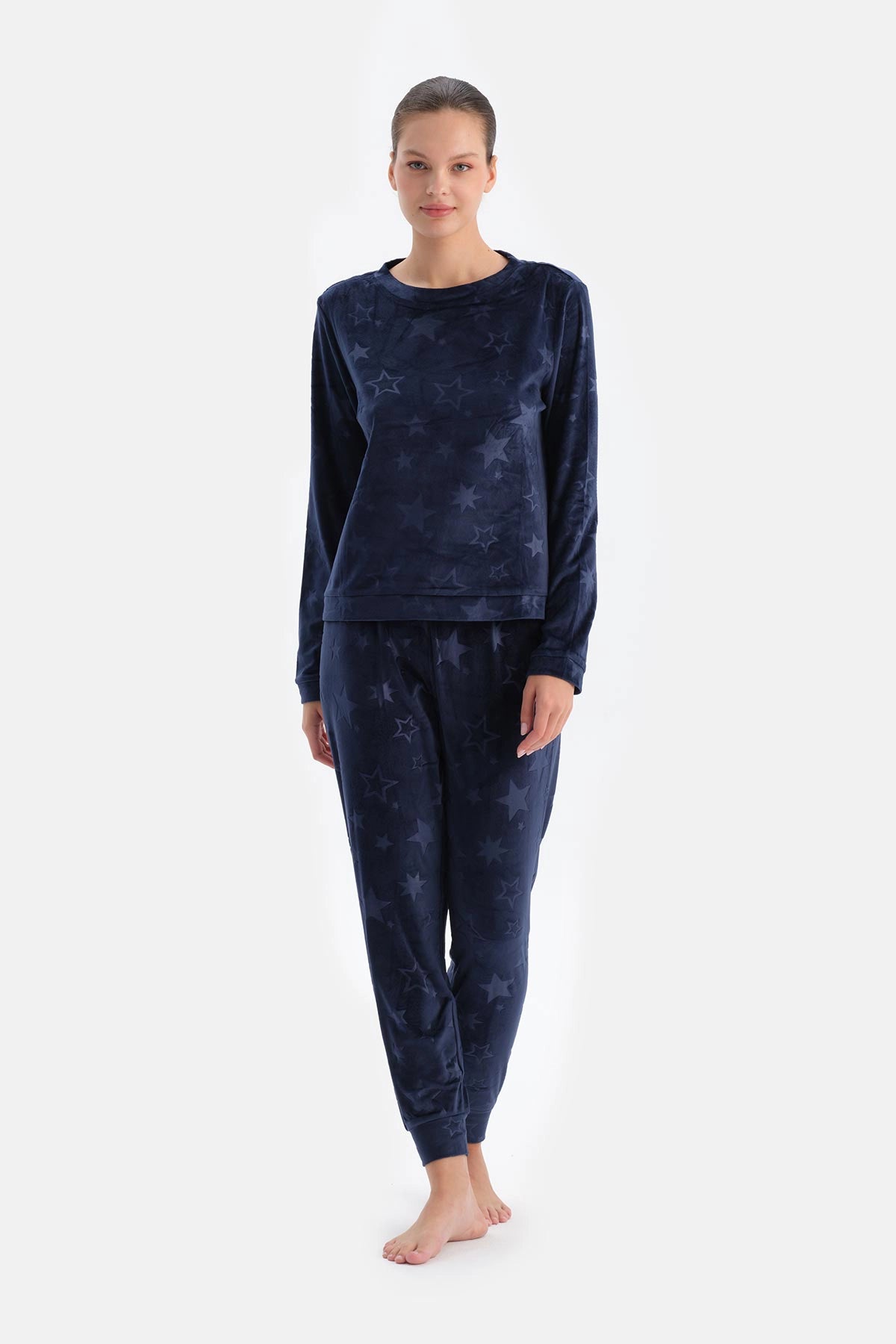 Lacivert Gofre Yıldız Baskılı Tişört Pantolon Pijama Takımı