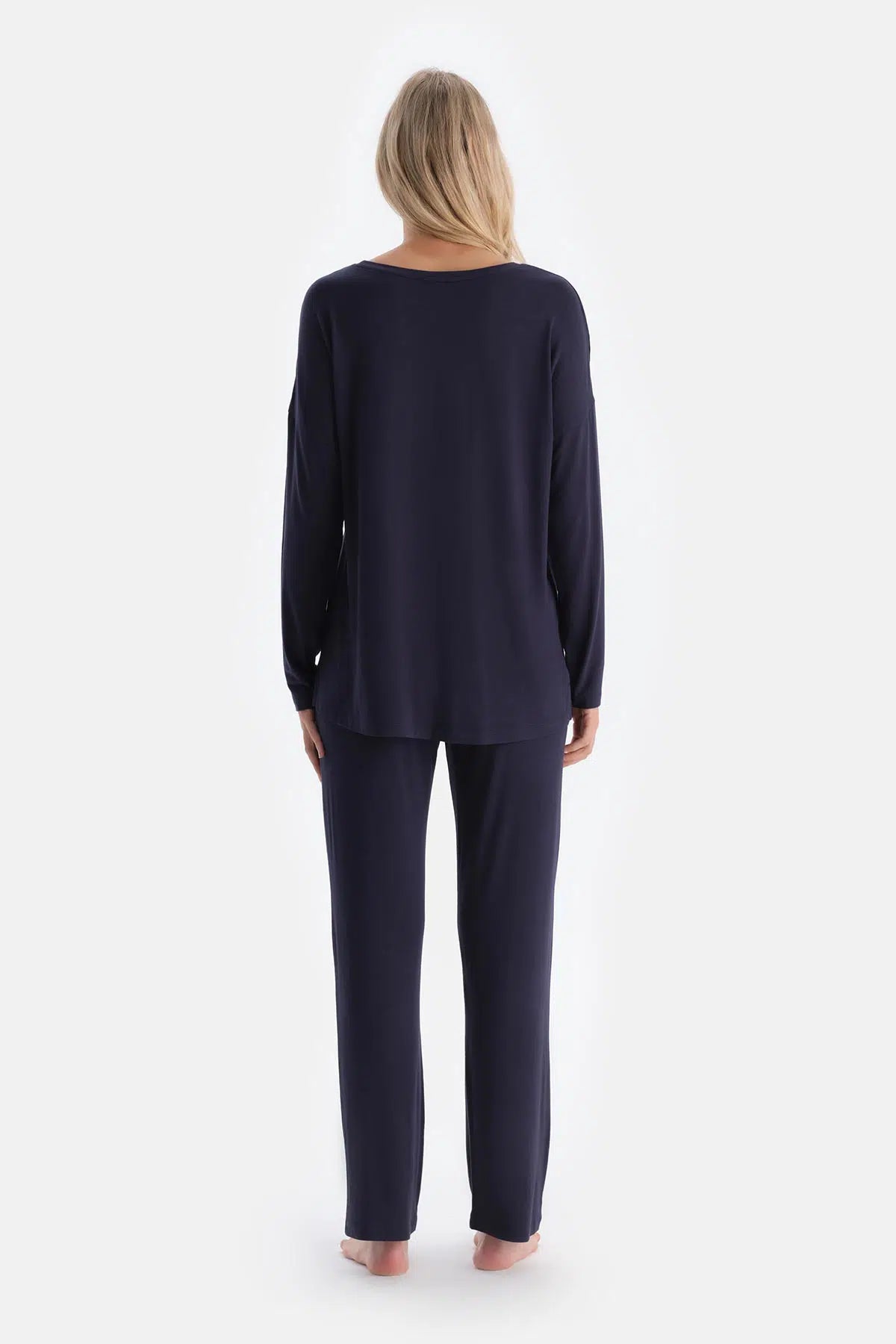 Lacivert Saten Garnili Uzun Kollu Pijama Takımı