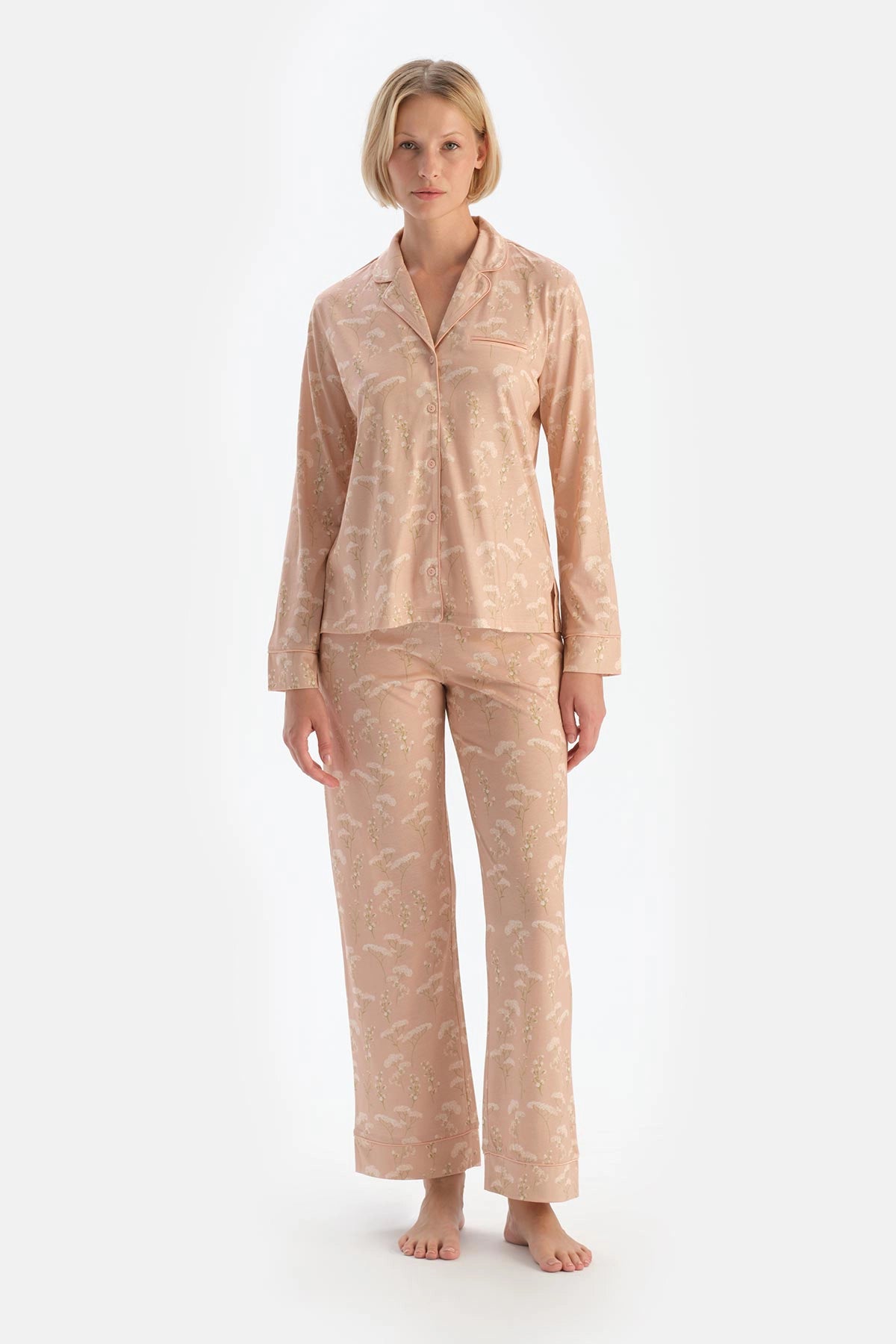 Açık Somon Çiçek Desenli Penye Modal Pijama Takımı