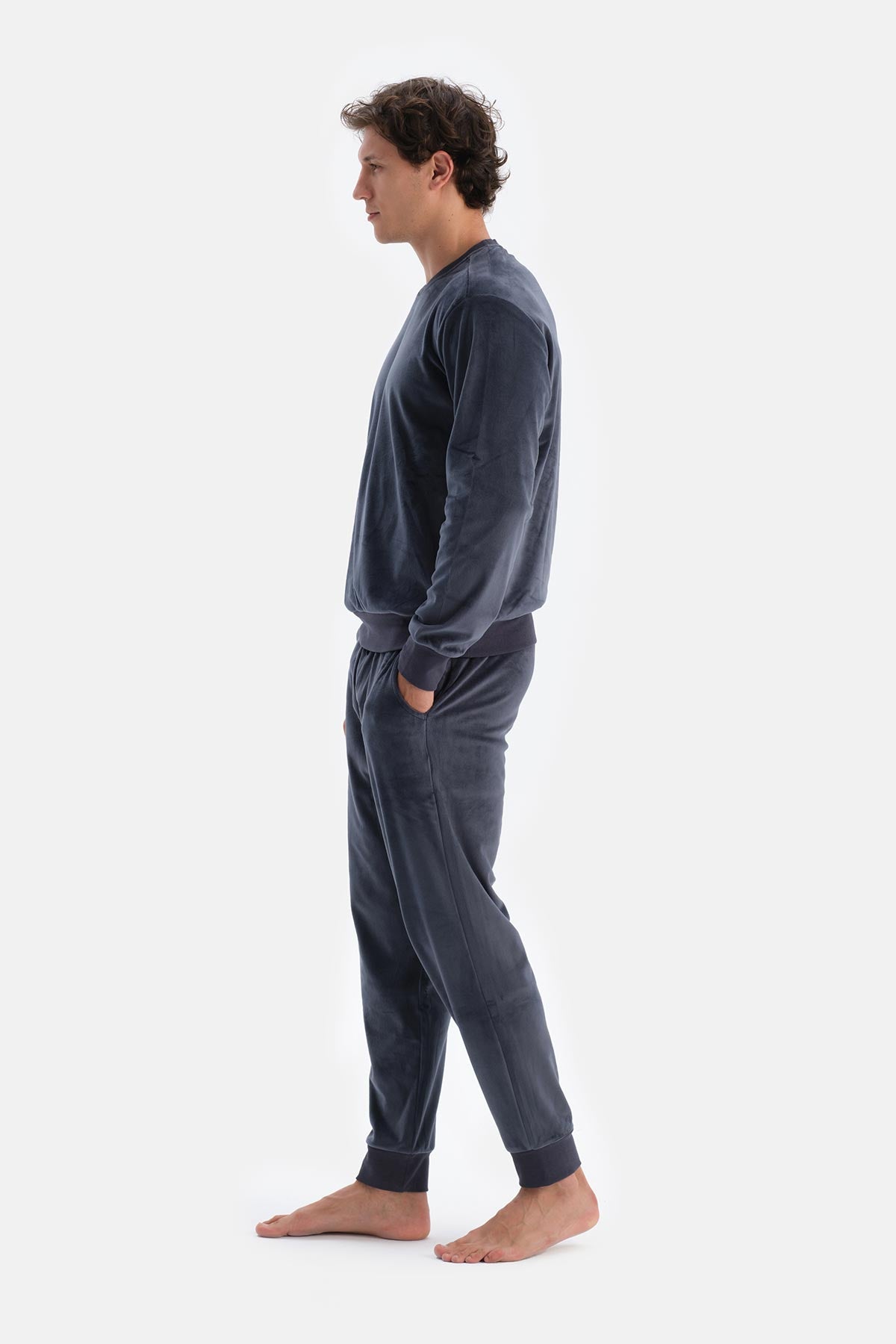 Lacivert Bisiklet Yaka Uzun Kollu Tişört Pantolon Pijama Takımı