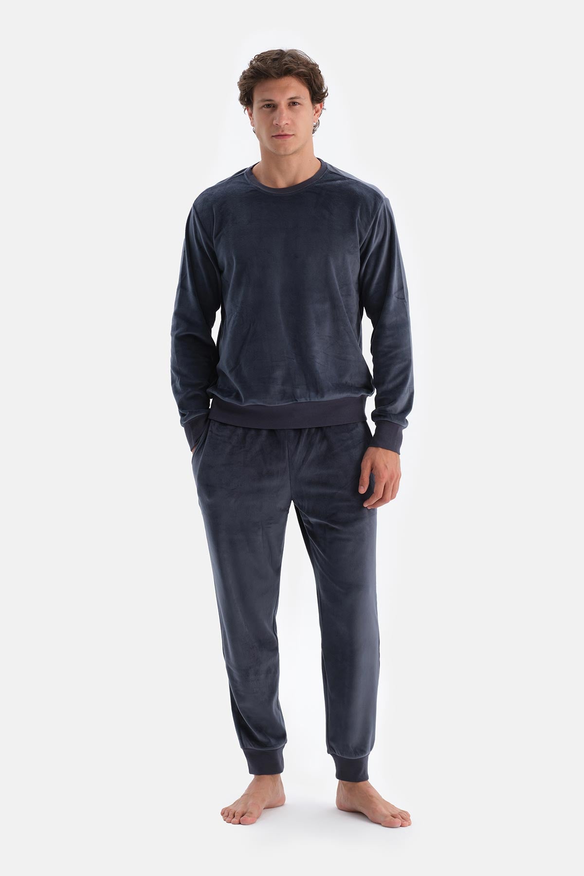 Lacivert Bisiklet Yaka Uzun Kollu Tişört Pantolon Pijama Takımı