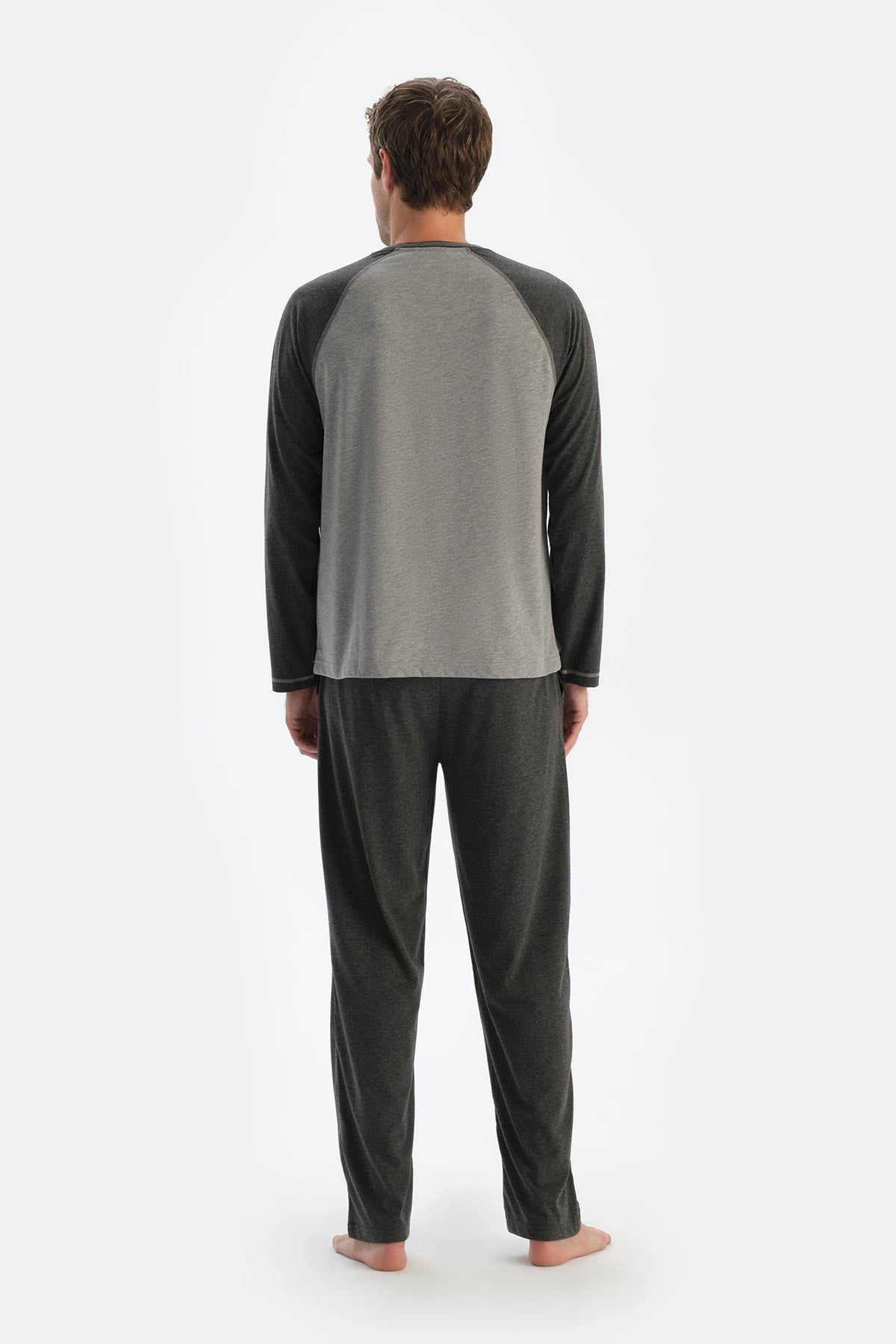 Gri Melanj Reglan Kol Patlı Tişört Pantolon Pijama Takımı