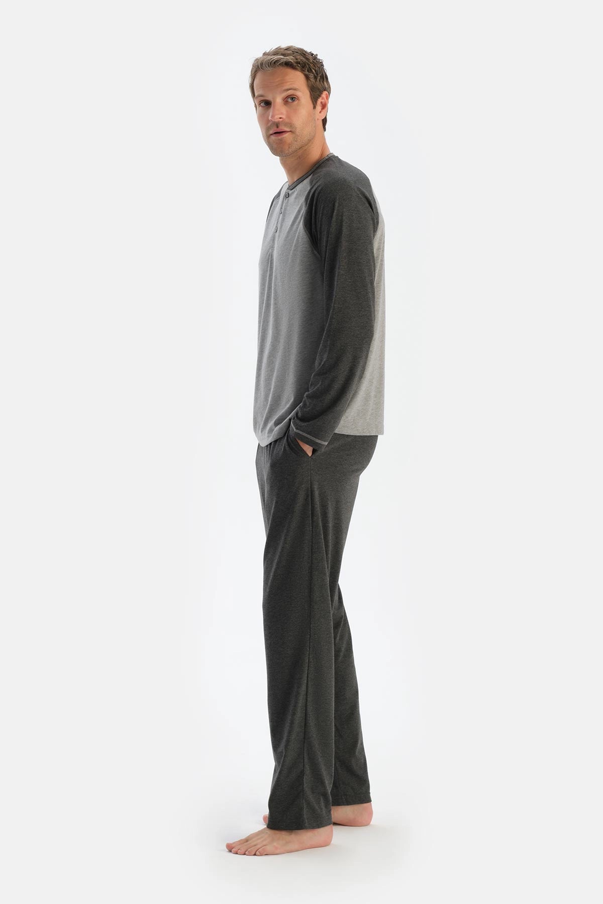 Gri Melanj Reglan Kol Patlı Tişört Pantolon Pijama Takımı