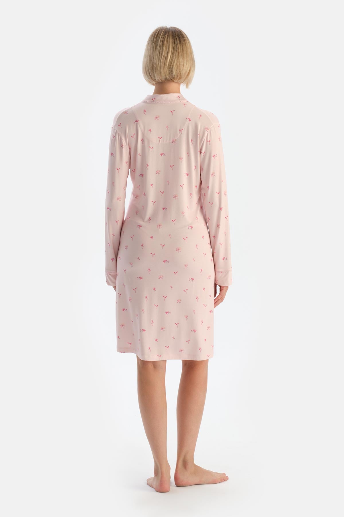 Soft Pembe Soft Penye Modal Çıtır Çiçek Desenli Hamile Gecelik