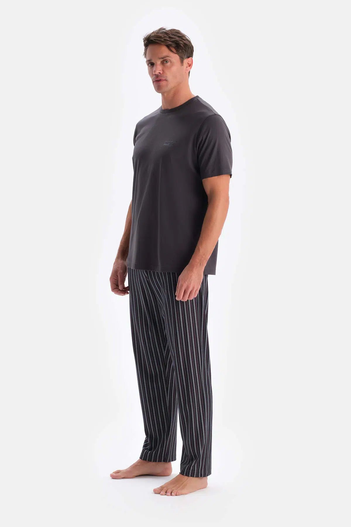 Füme Kısa Kollu Bisiklet Yaka Altı Çizgi Metraj Baskılı Pijama Takımı