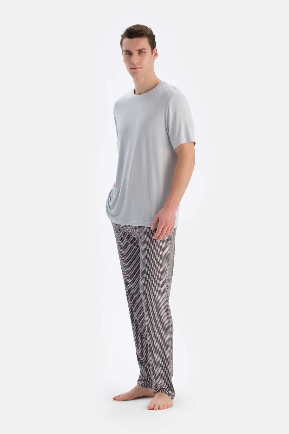 Buz Mavisi Buz si Bisiklet Yaka Kısa Kollu Tişört Pantolon Pijama Takımı