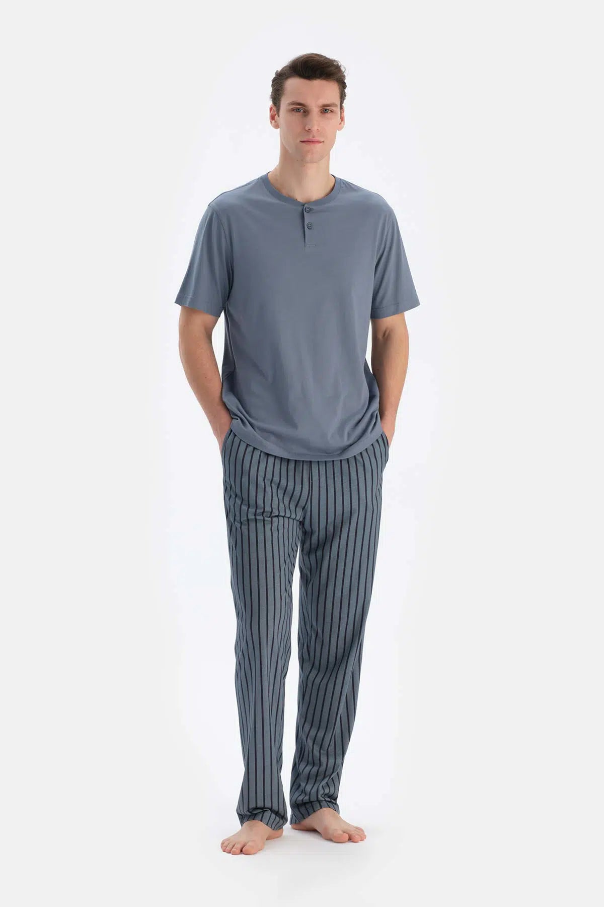 Indigo Yarım Patlı Kısa Kollu Tişört Pantolon Pijama Takımı