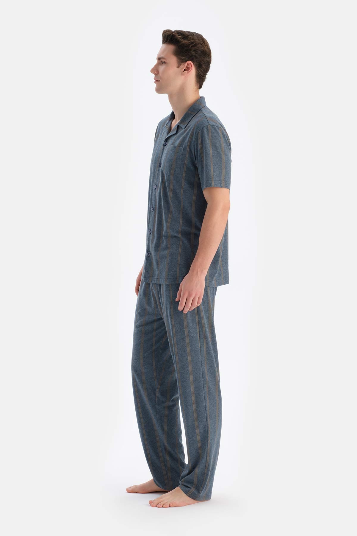 Multicolor Gömlek Yaka Kısa Kollu Çizgili Modal Pijama Takımı