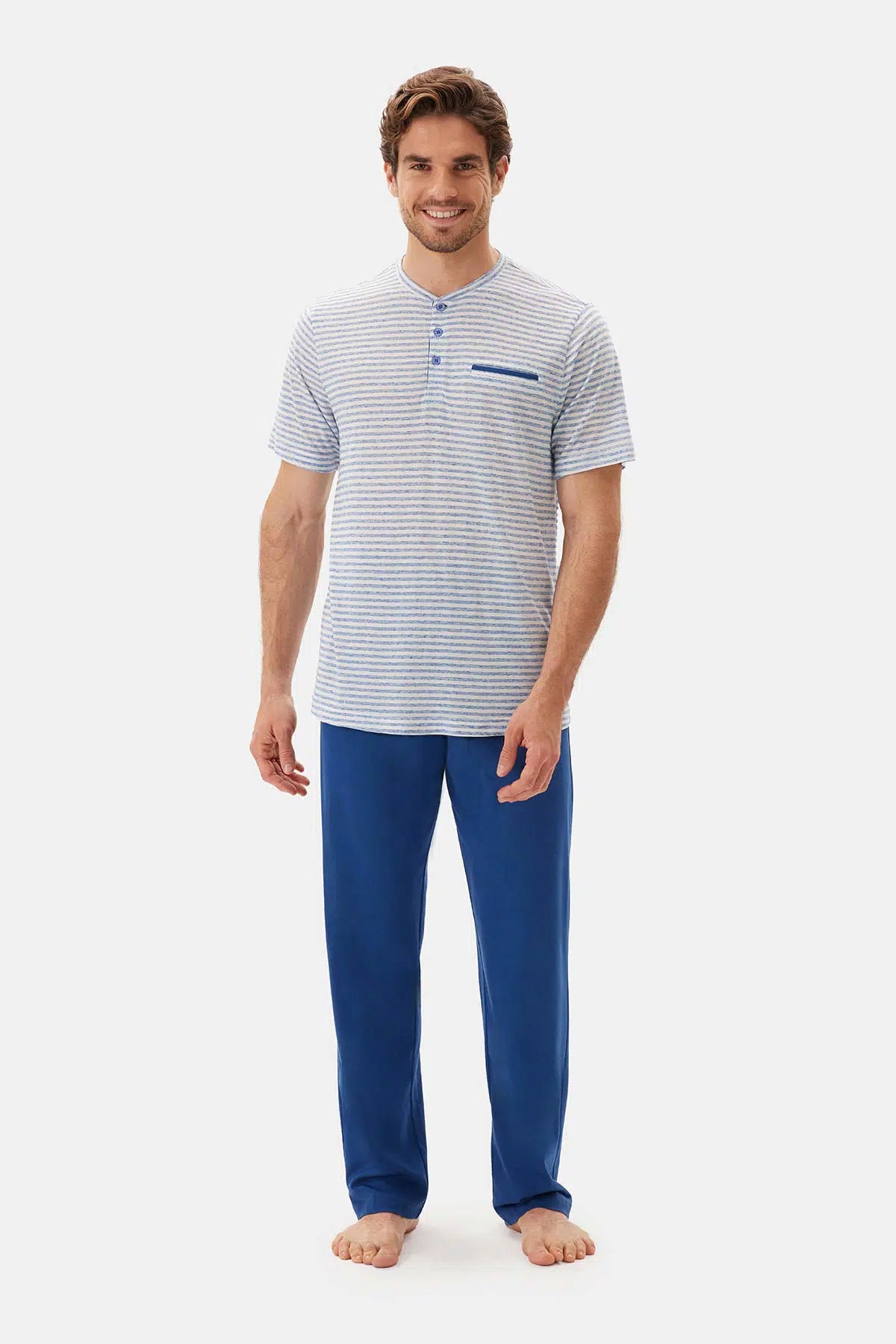 Mavi Yarım Patlı Kısa Kollu Pijama Takımı