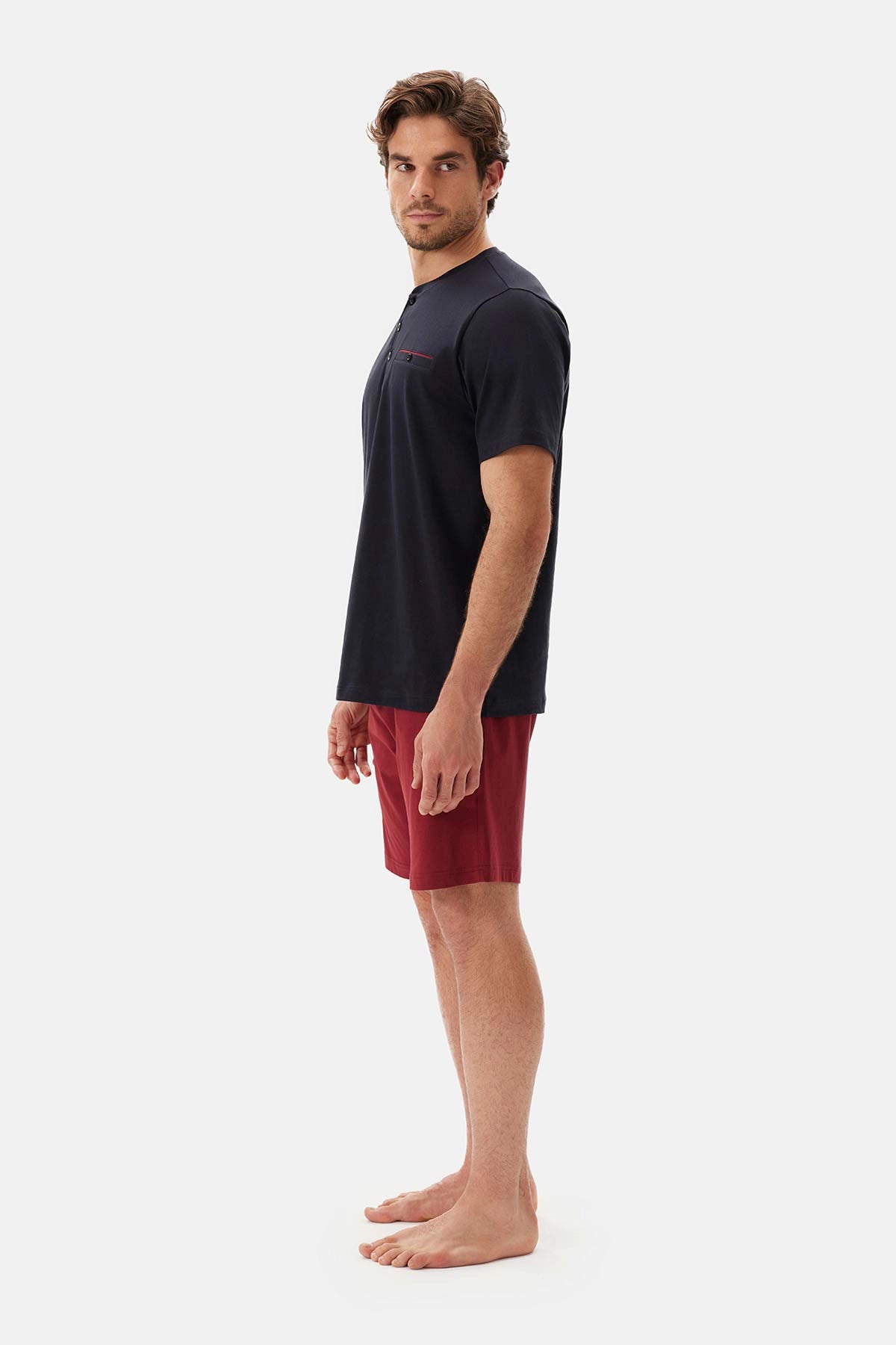 Lacivert Yarım Patlı Kısa Kollu Şort Pijama Takımı