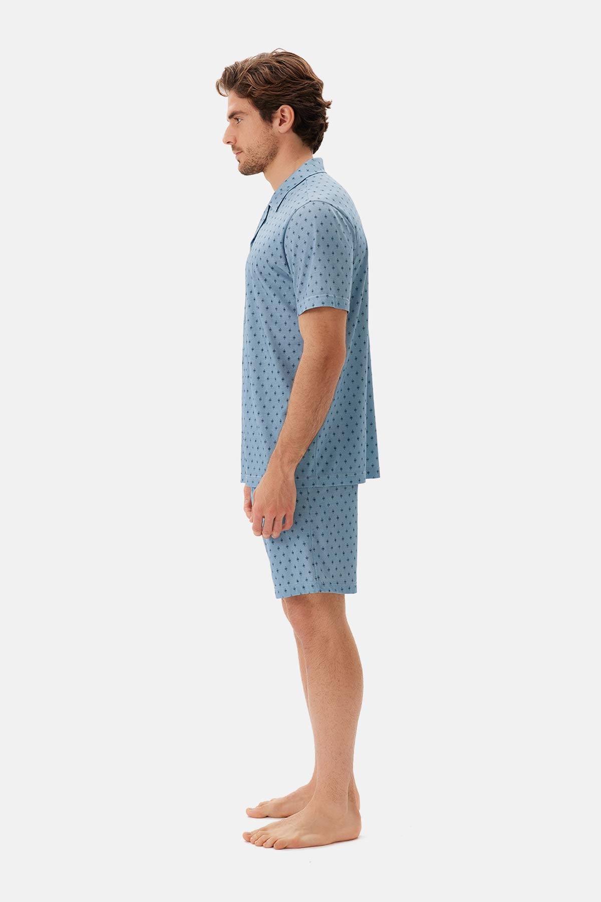 Mavi Desenli Gömlek Yaka Modal Şortlu Pijama Takımı