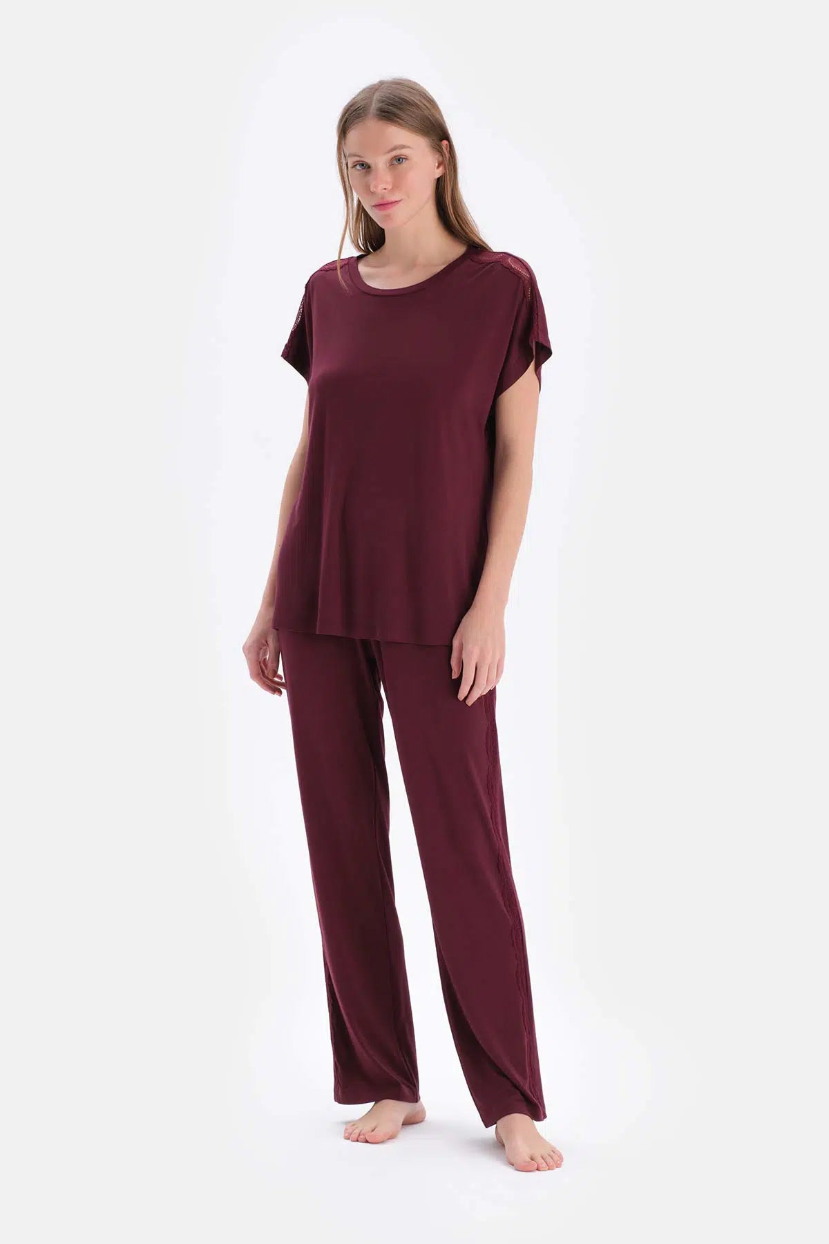 Bordo Dantel Garnili Viskon Tişört Pantolon Pijama Takımı