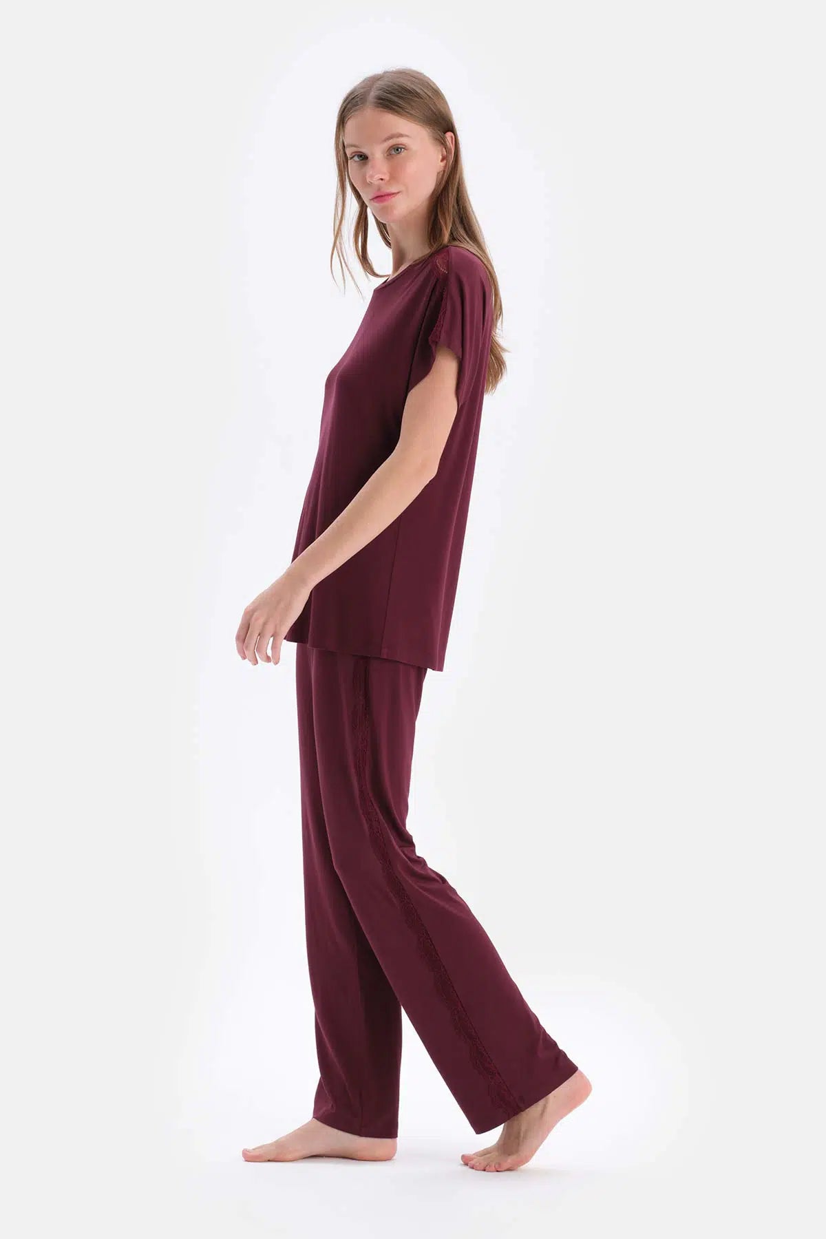 Bordo Dantel Garnili Viskon Tişört Pantolon Pijama Takımı