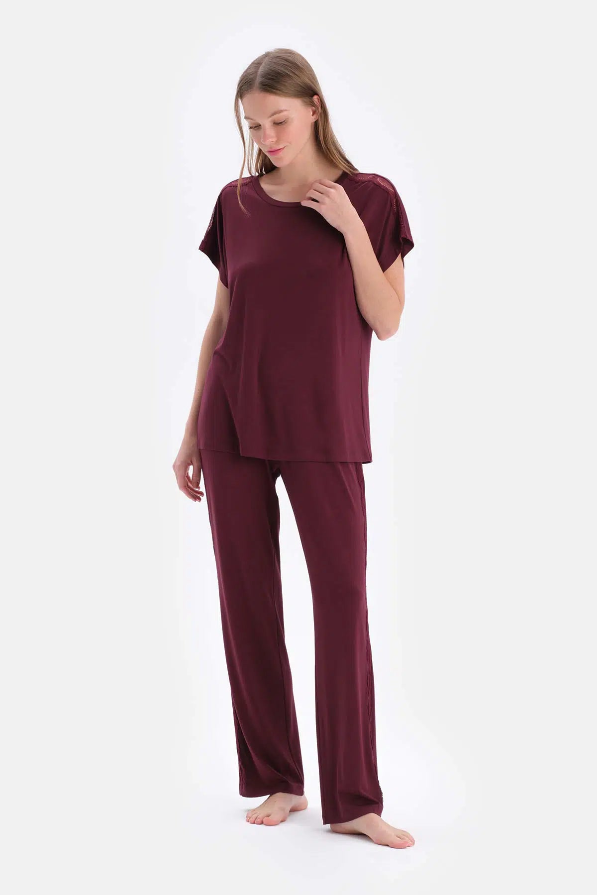 Bordo Dantel Garnili Viskon Tişört Pantolon Pijama Takımı