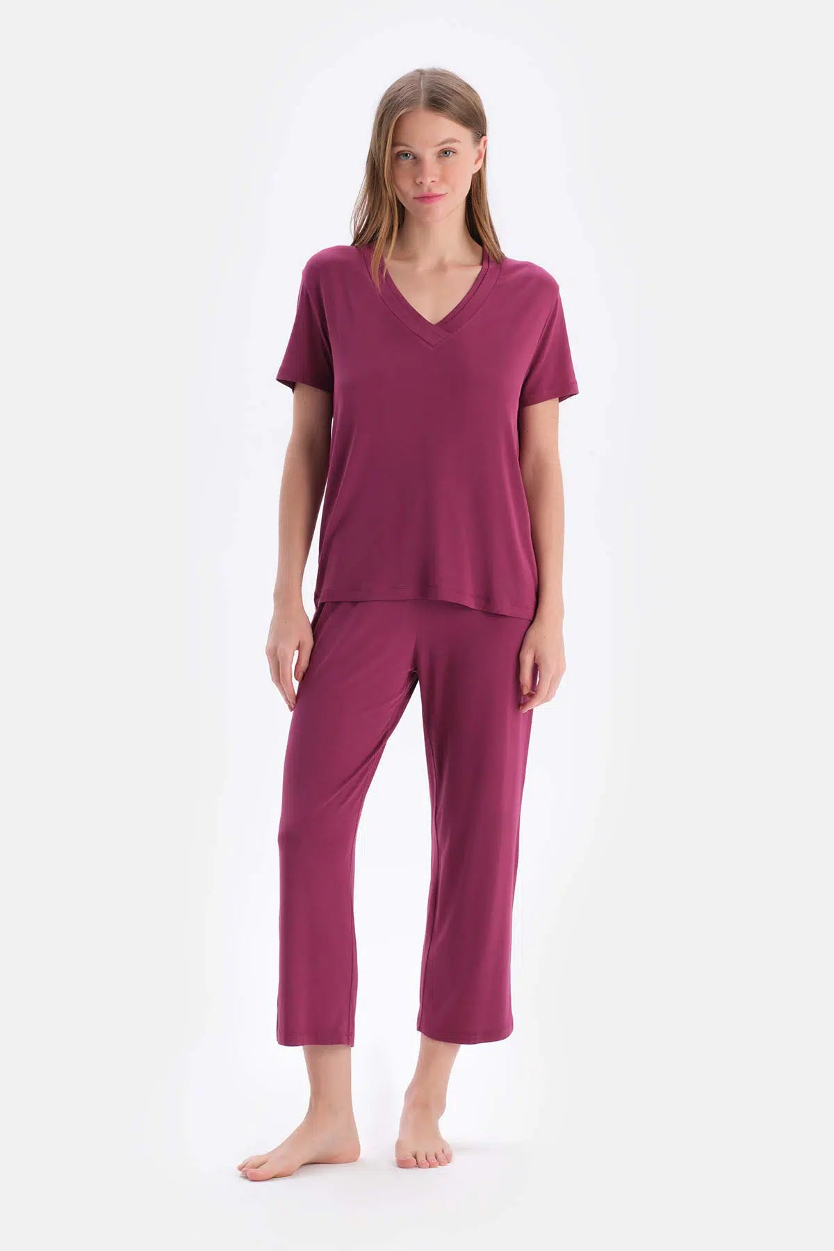 Bordo Kısa Kollu V Yaka Basıc Viskon Tişört Pantolon Pijama Takımı