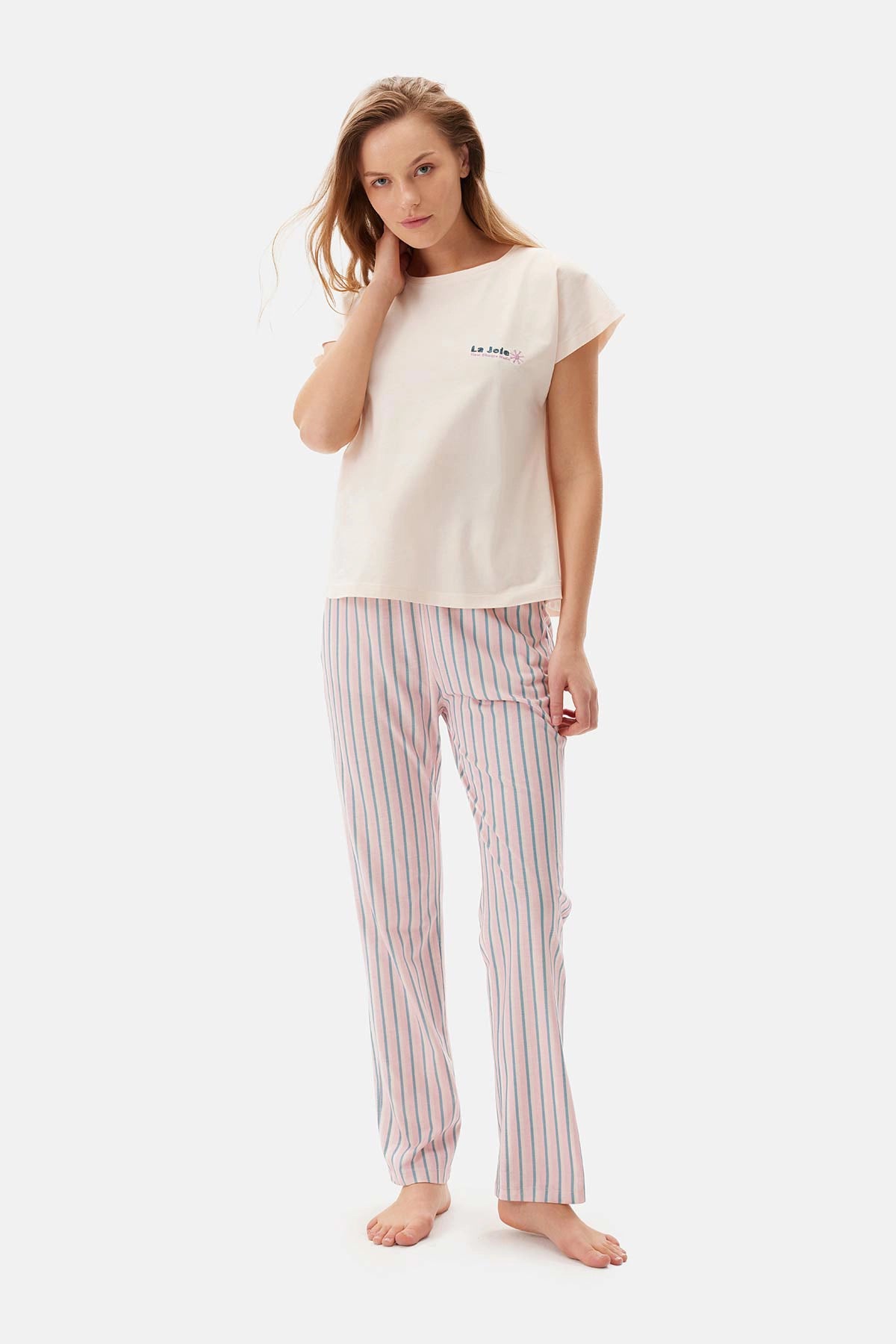 Ekru Bisiklet Yaka Çizgili Pamuklu Pijama Takımı