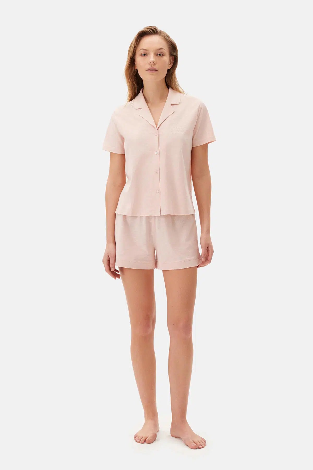 Açık Pembe Kısa Kol Gömlek Yaka Şortlu Pijama Takımı