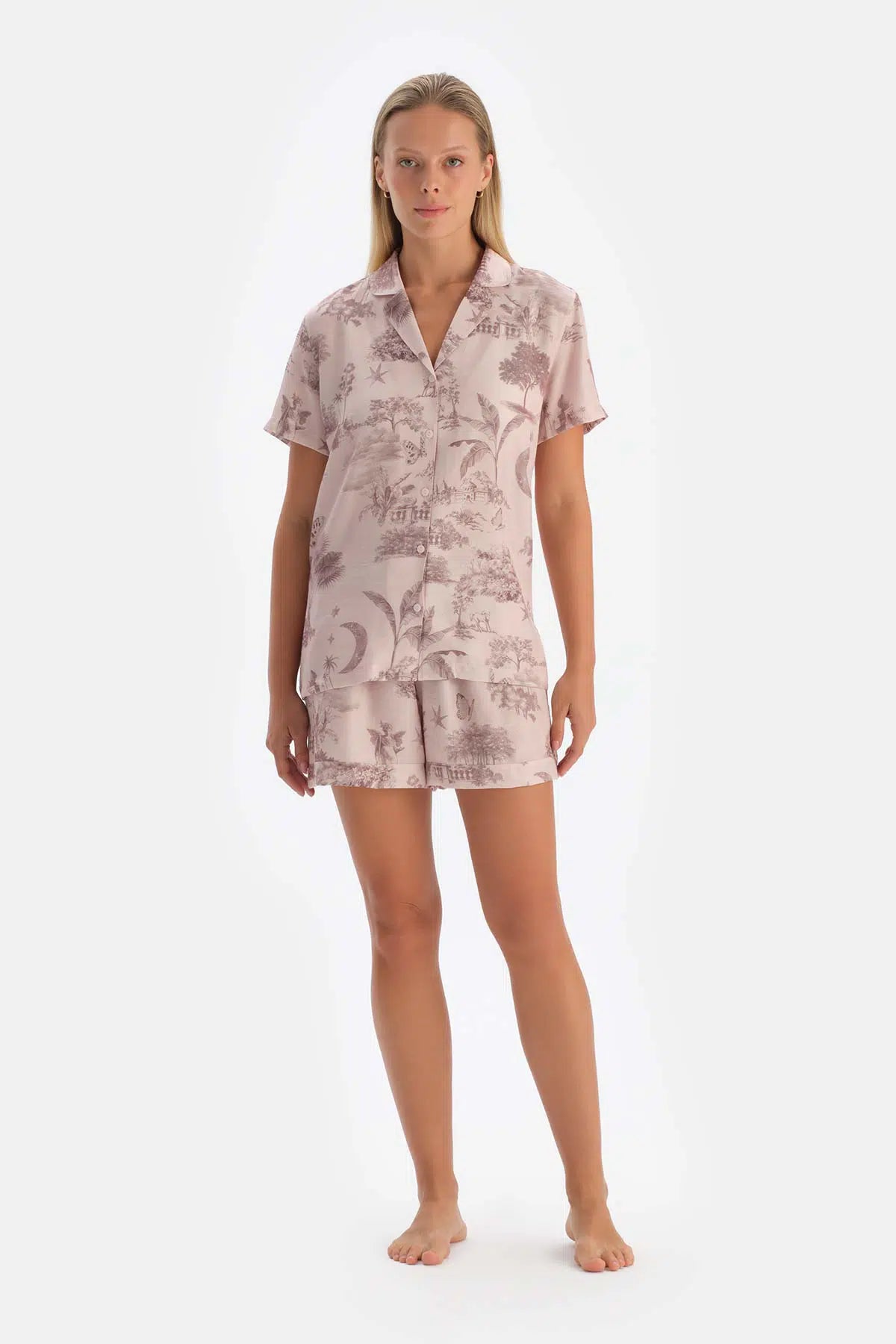 Açık Pembe Desenli Dokuma Gömlek Pijama Üstü