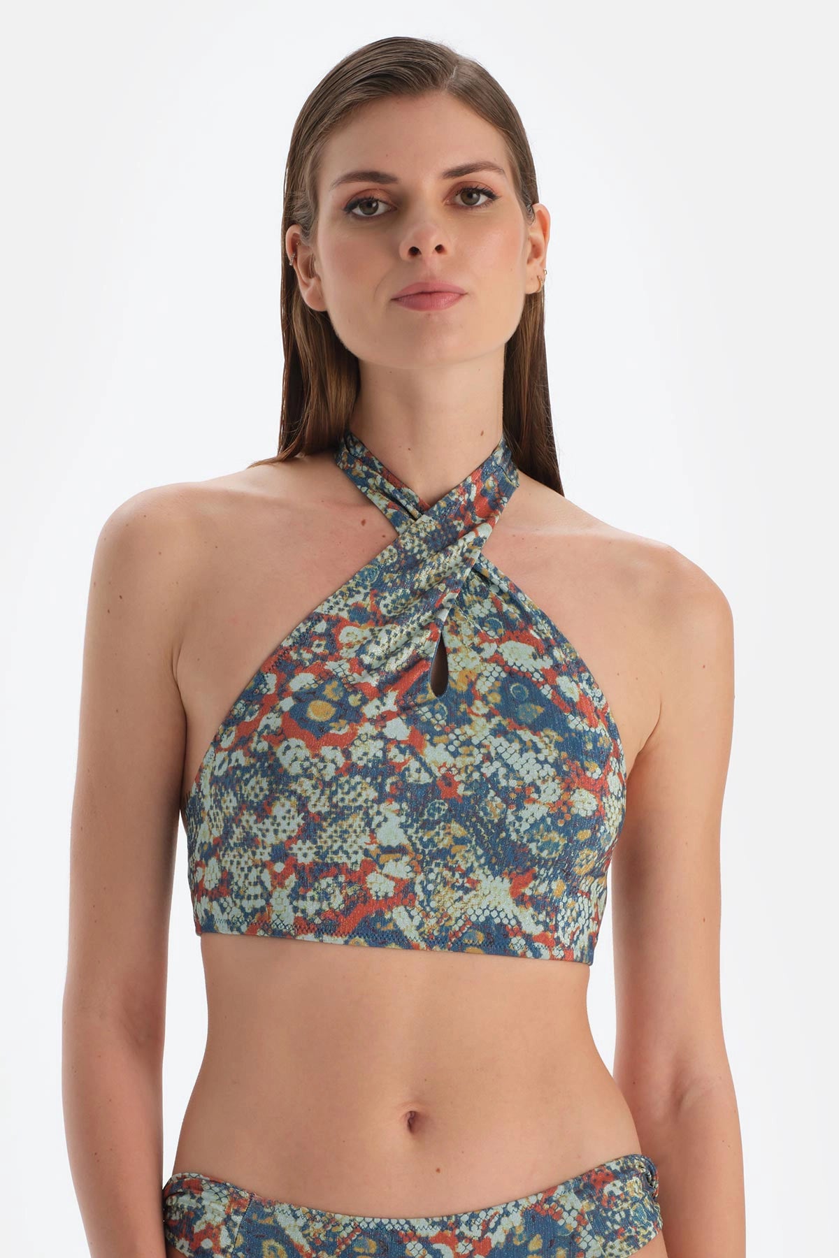 Kiremit-Mavi Halter Yaka Bikini Üst