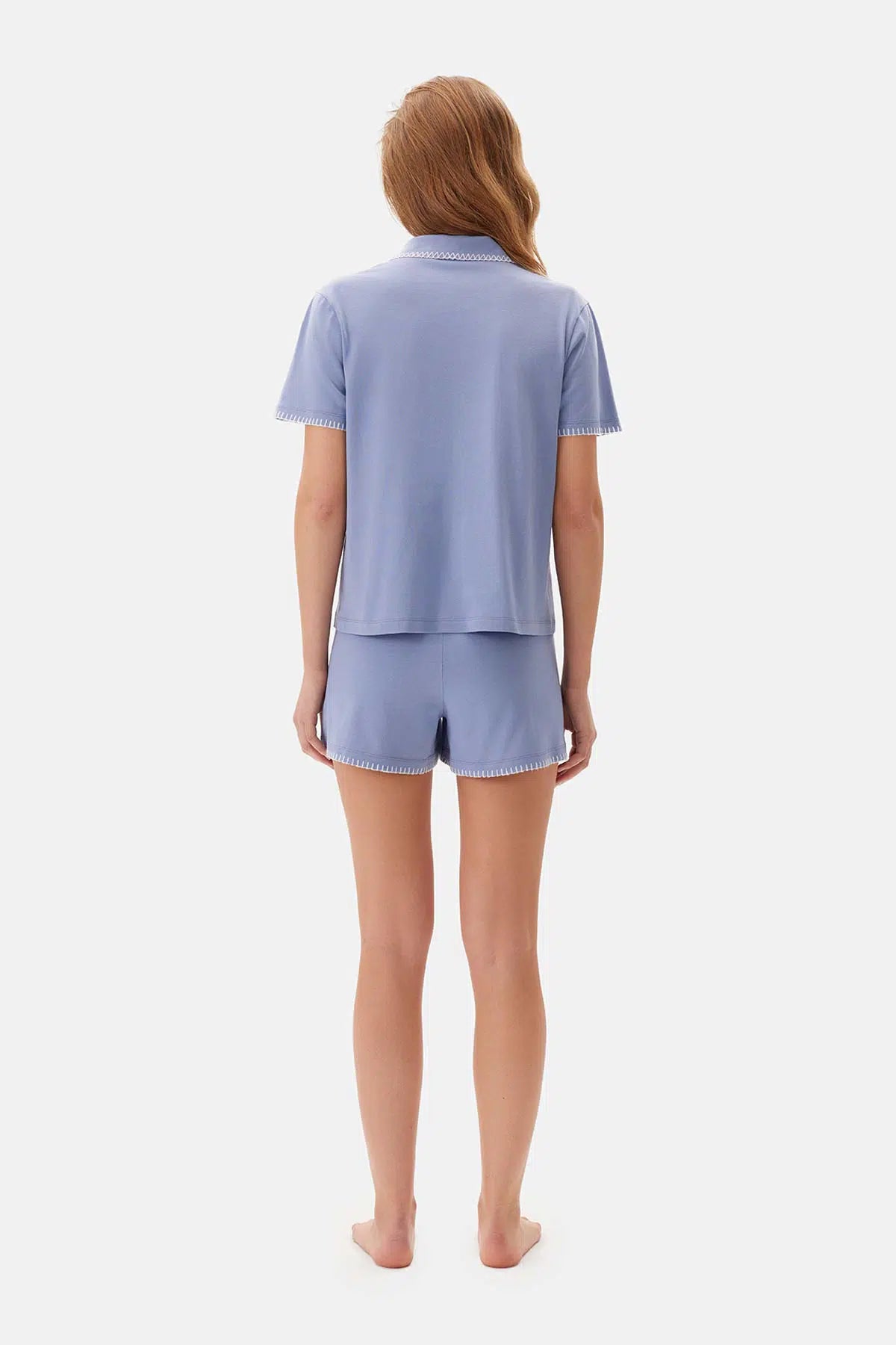 Mavi Kısa Kol Çoban Dikişli Modal Şortlu Pijama Takımı