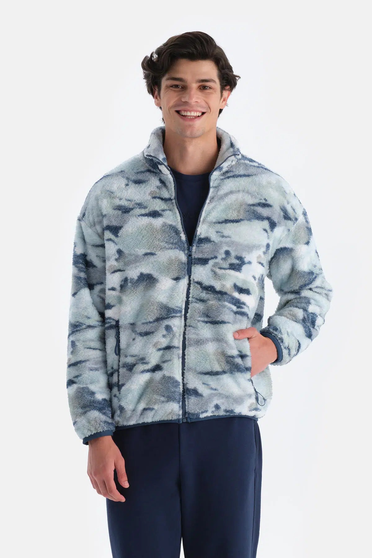 Lacivert Erkek Okyanus Baskılı Polar Sweatshırt