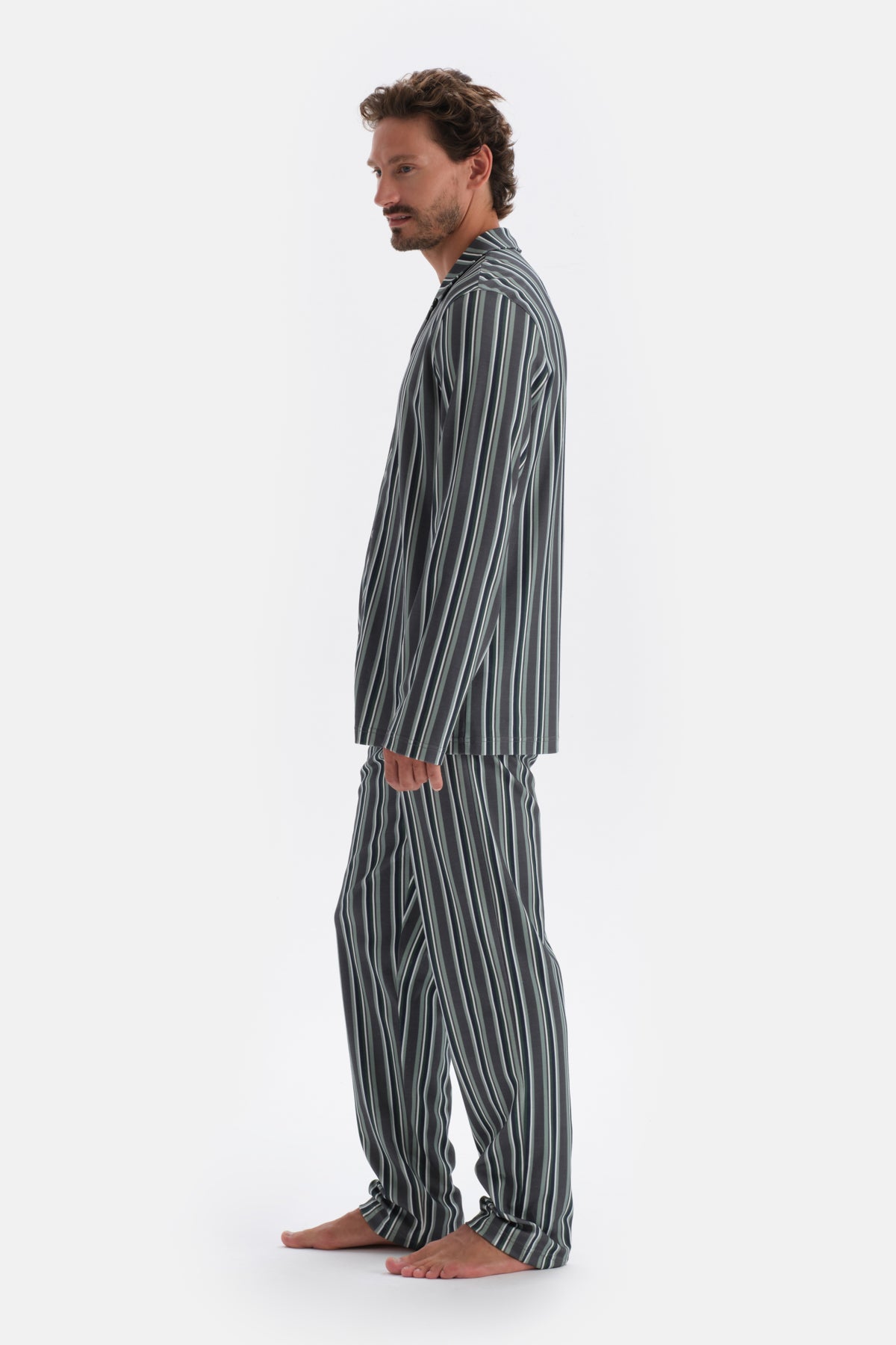 Füme Gömlek Yaka Çizgili Pamuk Modal Pijama Takımı