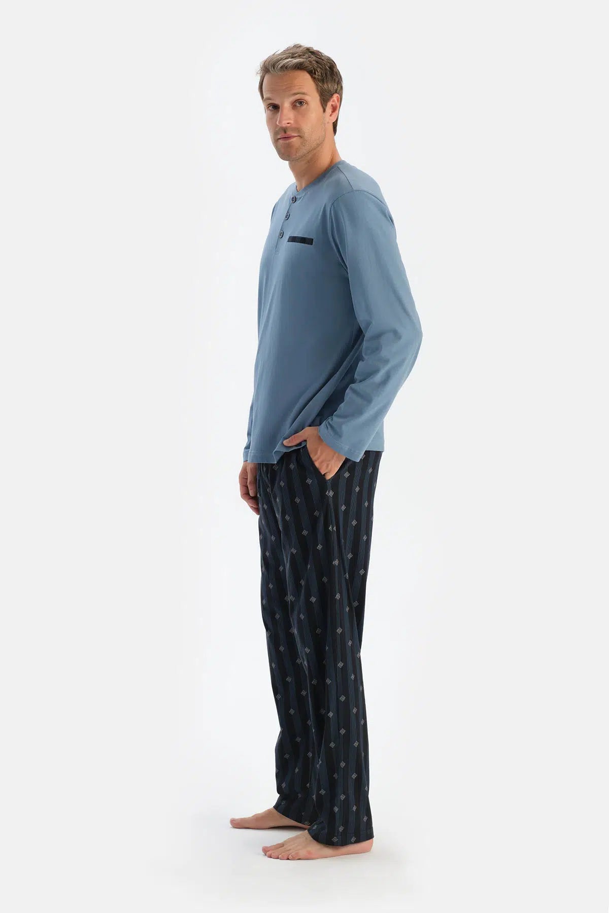Mavi Patlı Fleto Cepli Uzun Kollu Tişört Pantolon Pijama Takımı