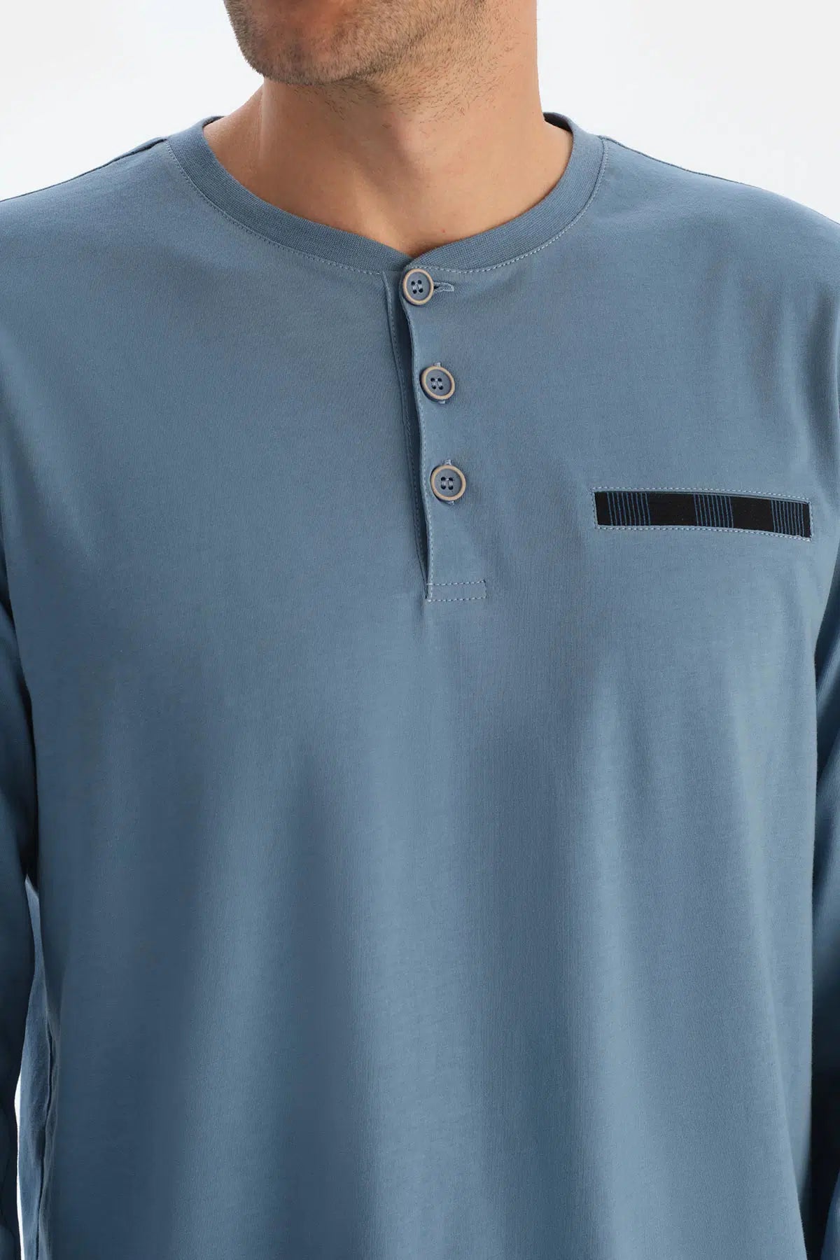Mavi Patlı Fleto Cepli Uzun Kollu Tişört Pantolon Pijama Takımı