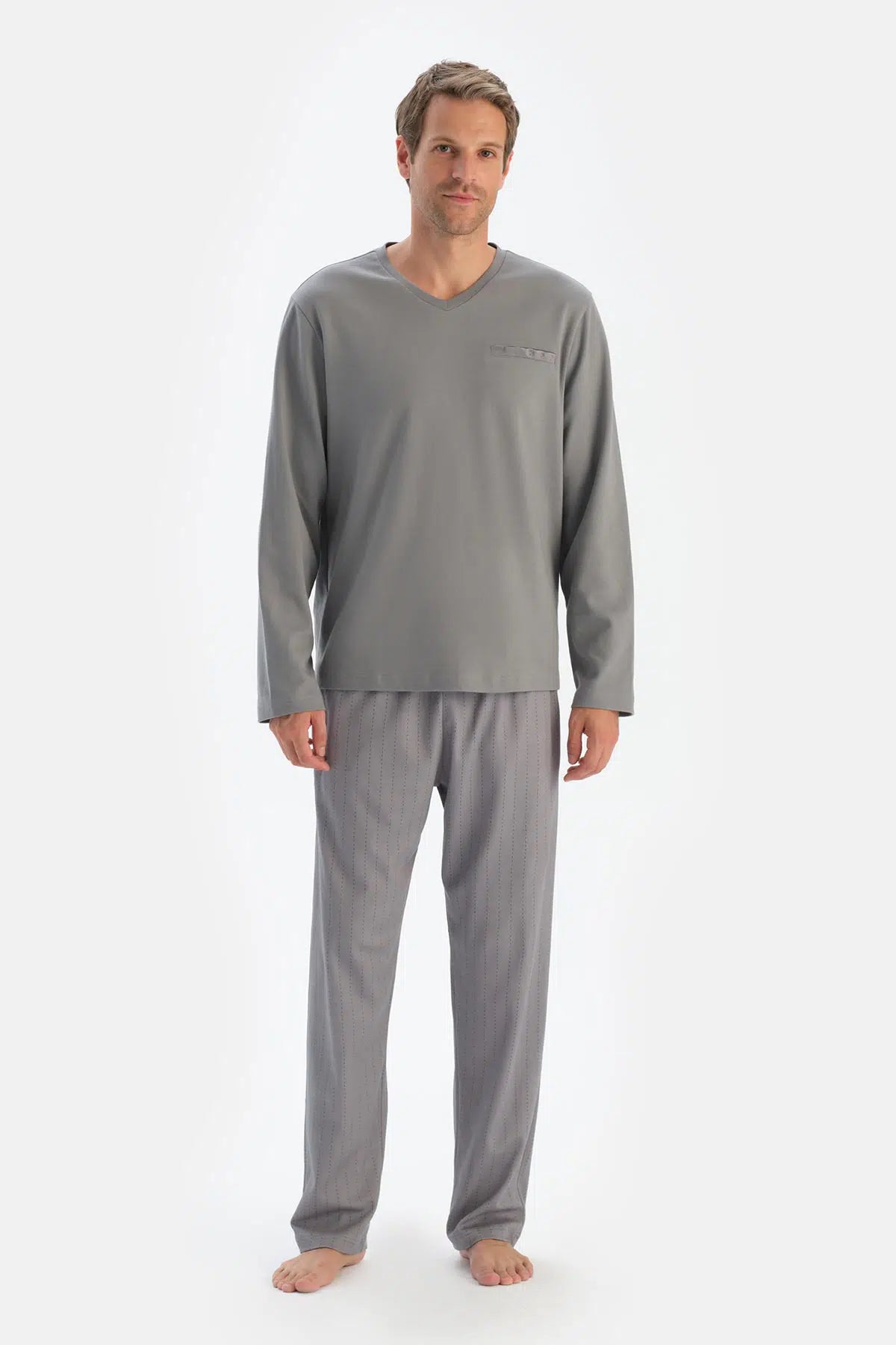 Gri V Yaka Fleto Cepli Tişört Pantolon Pijama Takımı