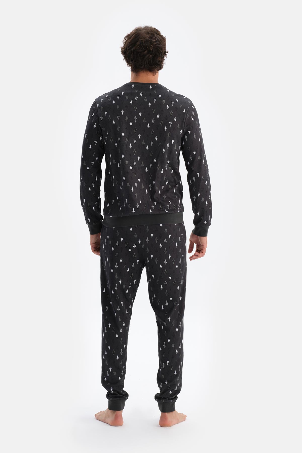 Antrasıt Metraj Desenli Ipek Apre Interlok Pijama Takımı