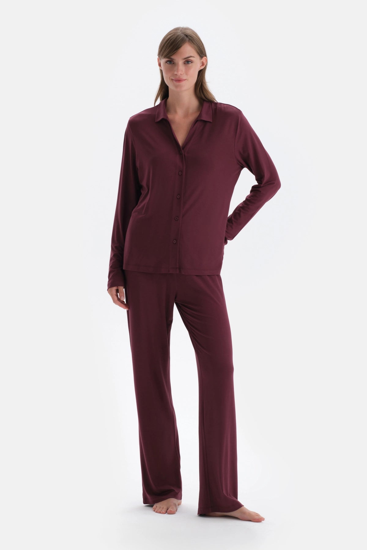 Bordo Basıc Penye Modal Gömlek Pantolon Örme Pijama Takımı