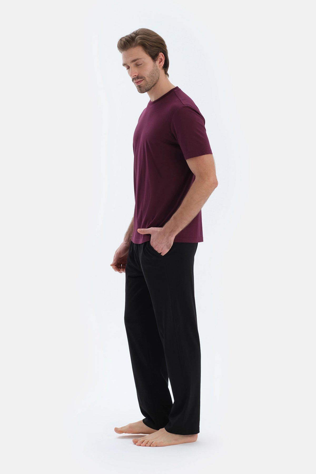 Bordo Bisiklet Yaka Kısa Kollu Tişört Pantolon Pijama Takımı