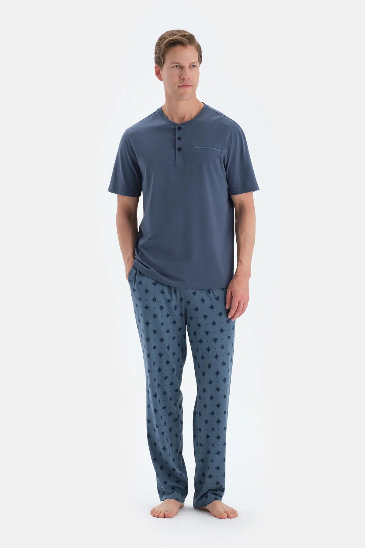 Indigo Pat Ve Fleto Cep Detaylı Tişört Pantolon Pijama Takımı