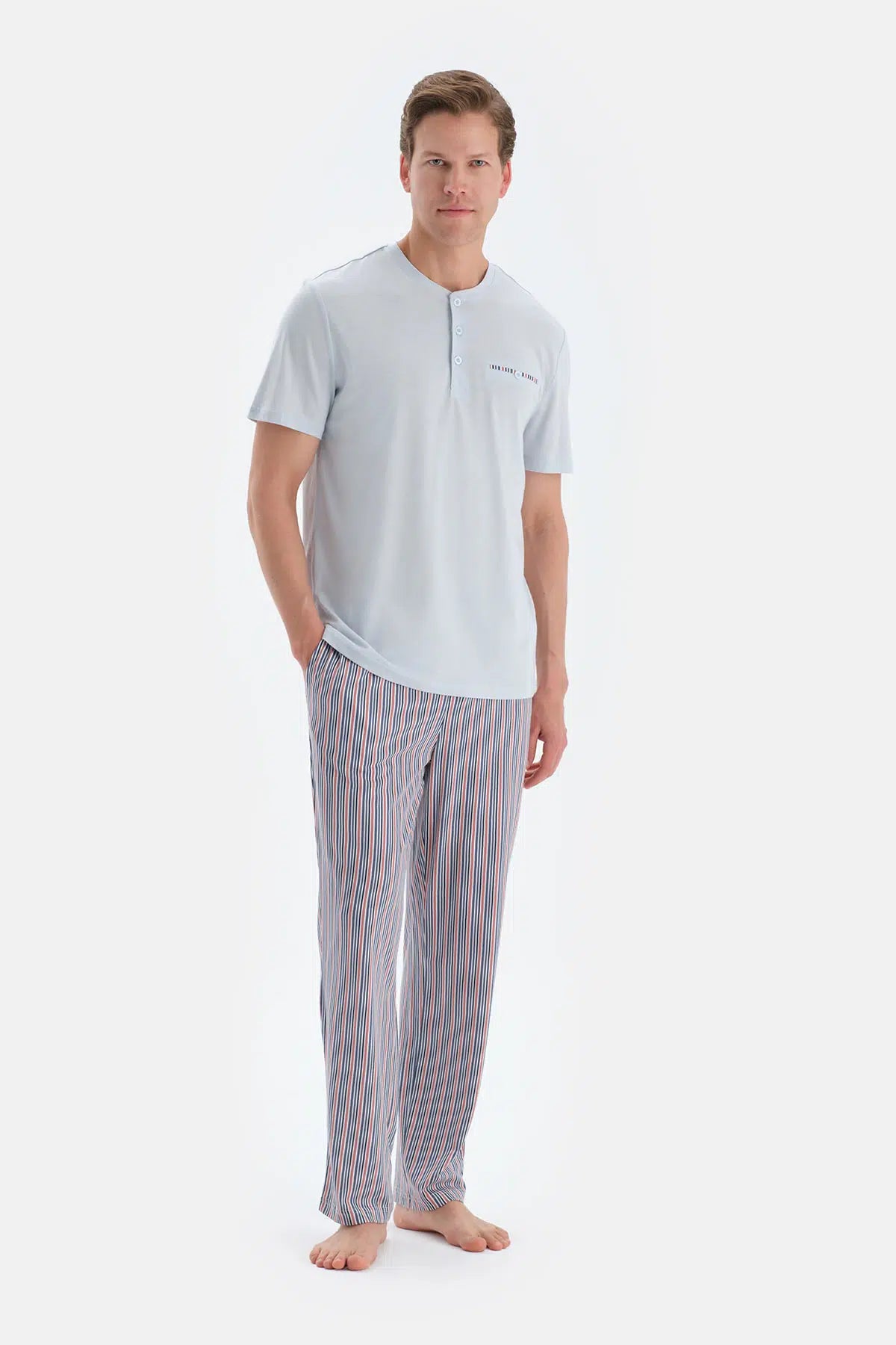 Açık Gri Pat Ve Fleto Cep Detaylı Tişört Pantolon Pijama Takımı