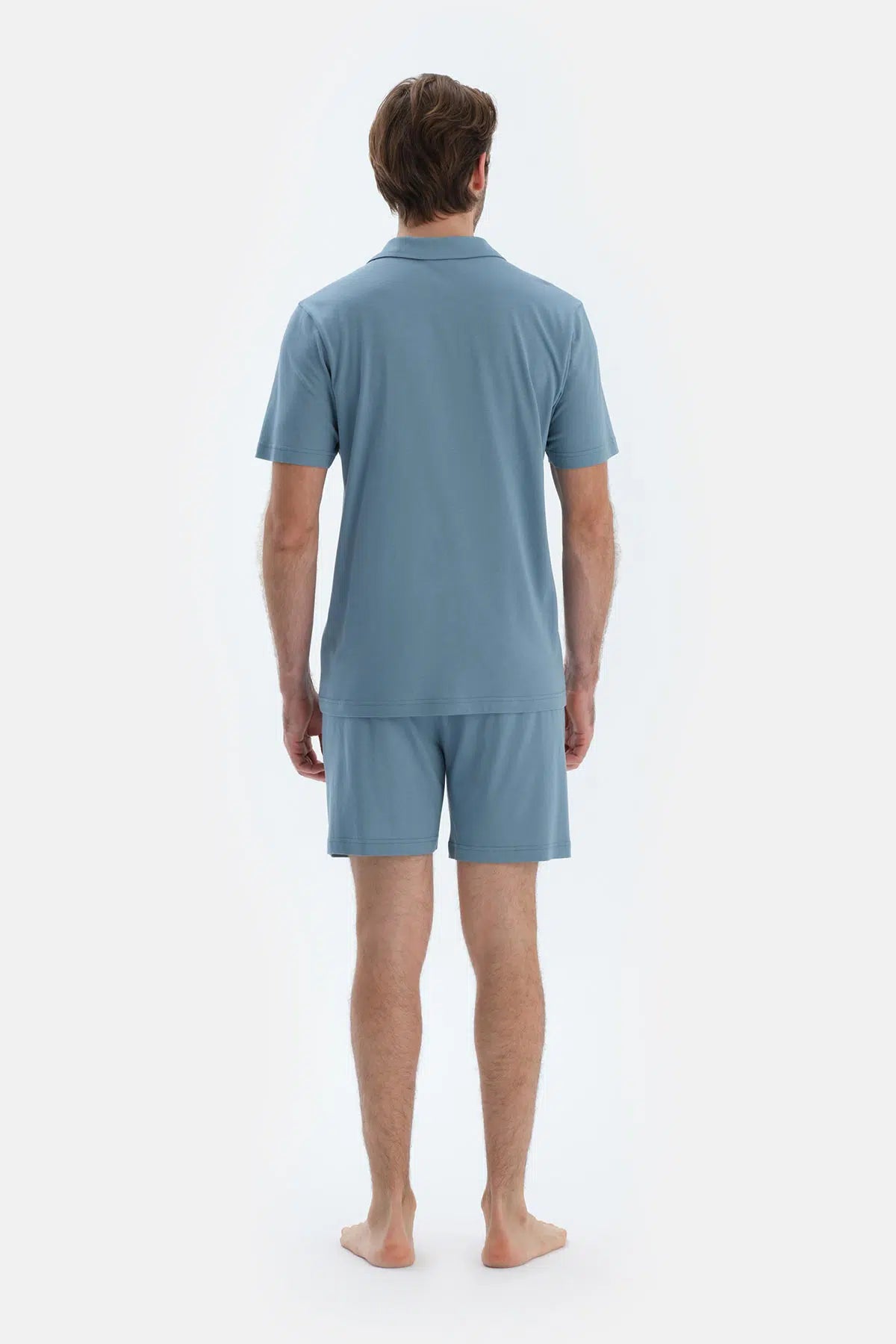 Mavi Kısa Kollu Cepli Basıc Gömlek Şort Pijama Takımı
