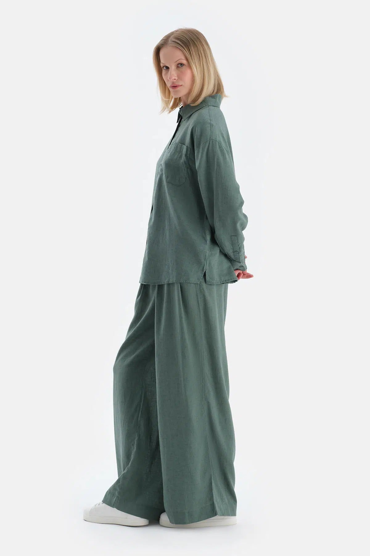 Yeşil Keten Lyocell Karışımlı Dokuma Pantalon