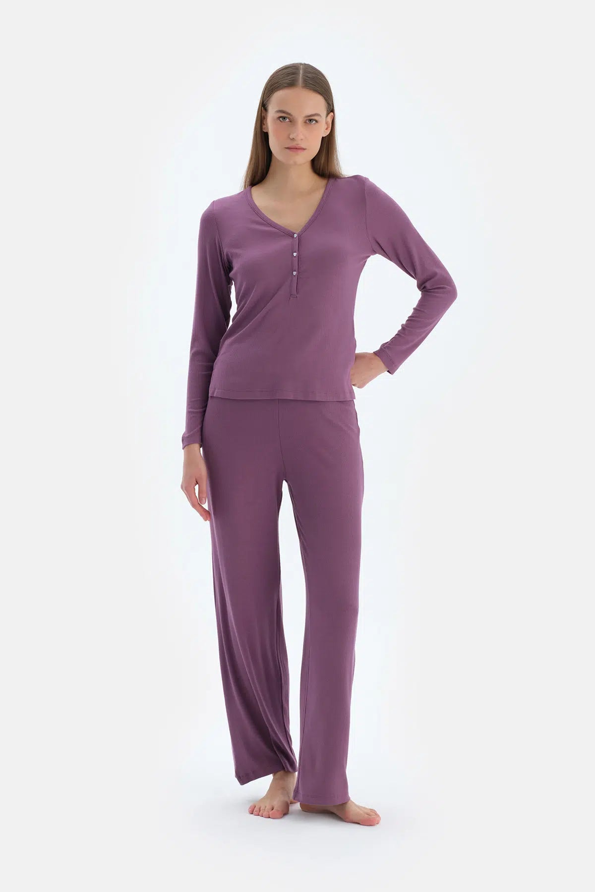 Mor V Yaka Viskon Kaşkorse Tişört Pantolon Pijama Takımı