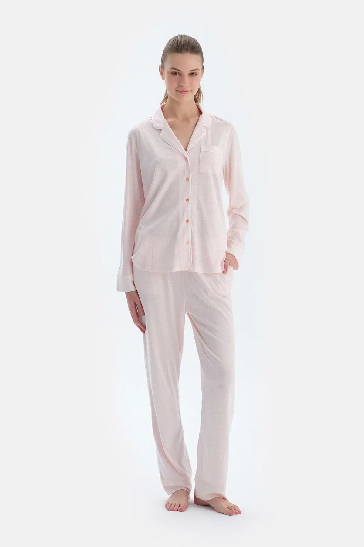 Açık Pembe Metraj Kalp Baskılı Gömlek Pantolon Pijama Takımı