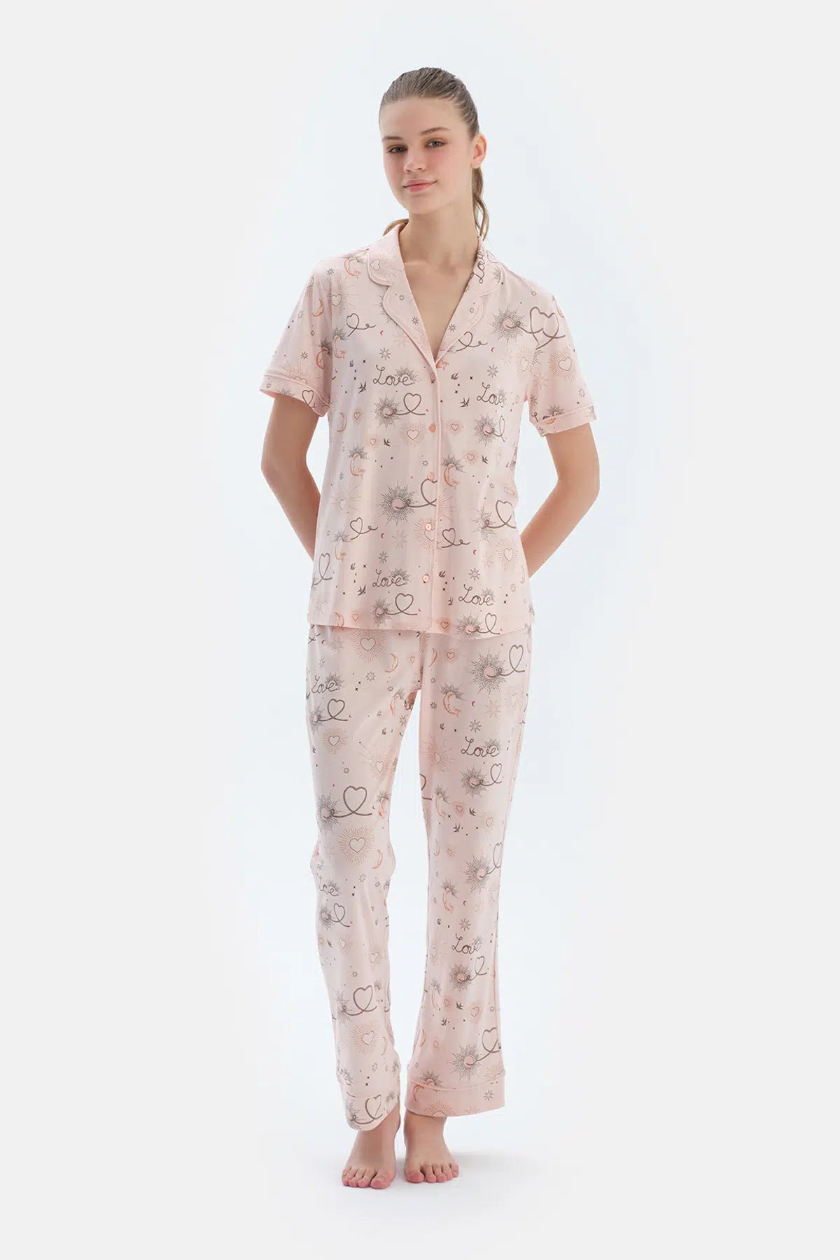 Pembe Metraj Baskılı Penye Modal Gömlek Pantolon Pijama Takımı