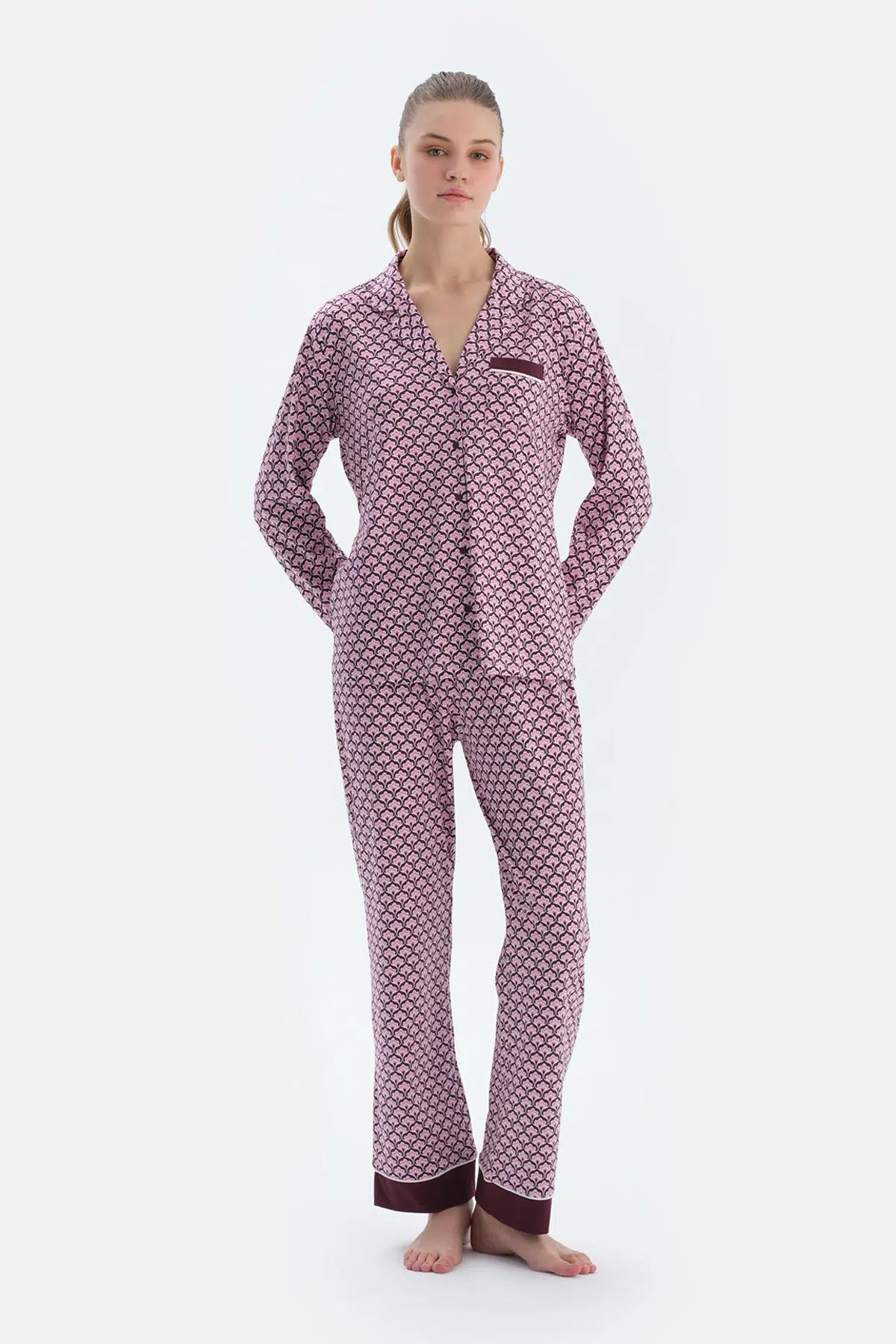 Multicolor Geometrik Metraj Baskılı Penye Modal Gömlek Pantolon Pijama Takımı