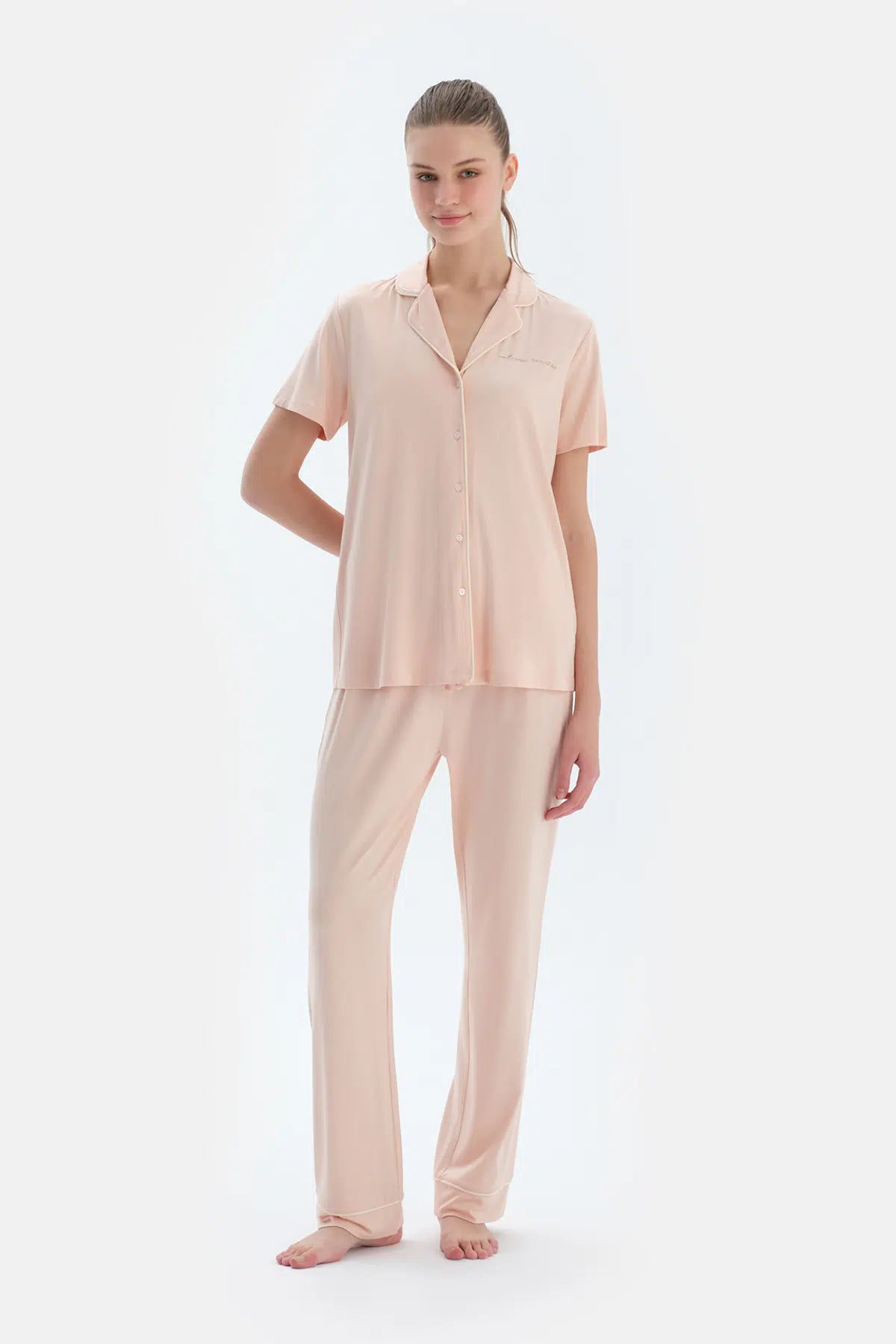 Sütlü Kahve Kısa Kollu Basıc Gömlek Pantolon Pijama Takımı