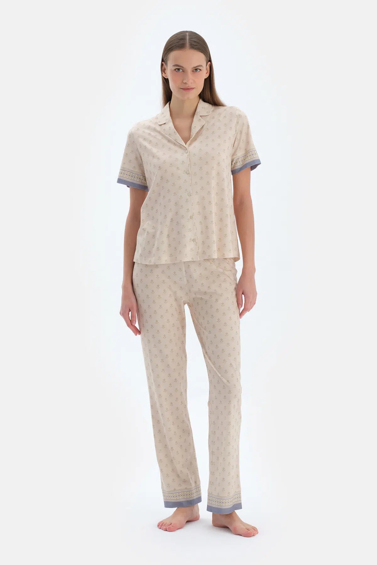 Ekru Çıtır Desenli Gömlek Pantolon Pijama Takımı