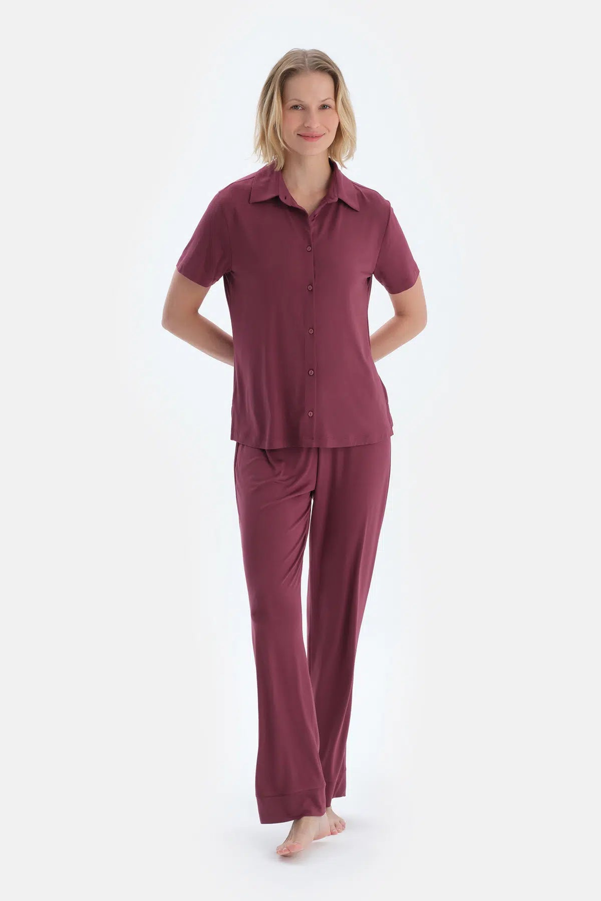 Bordo Basıc Gömlek Pantolon Pijama Takımı