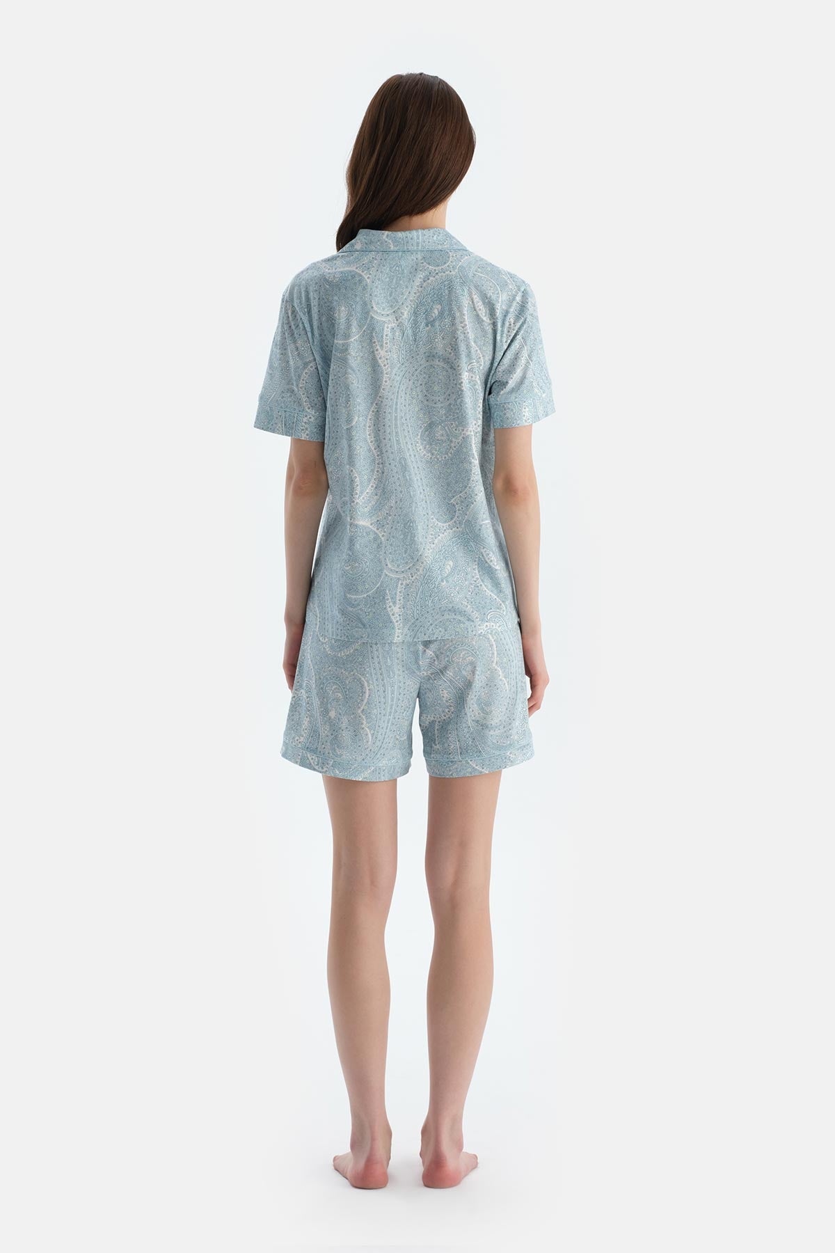 Açık Mavi Şal Desenli Penye Modal Gömlek Şort Pijama Takımı