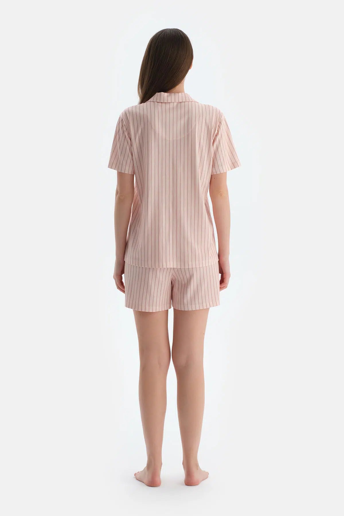 Açık Pembe Çizgili Penye Modal Gömlek Şort Pijama Takımı